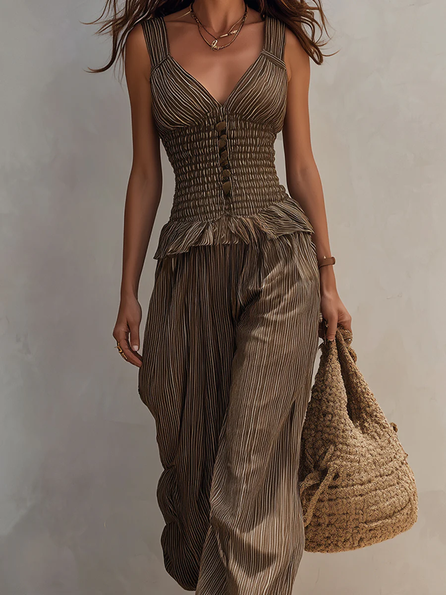 Boho Striped Shirred Top & Balloon Pants Set - Image 2