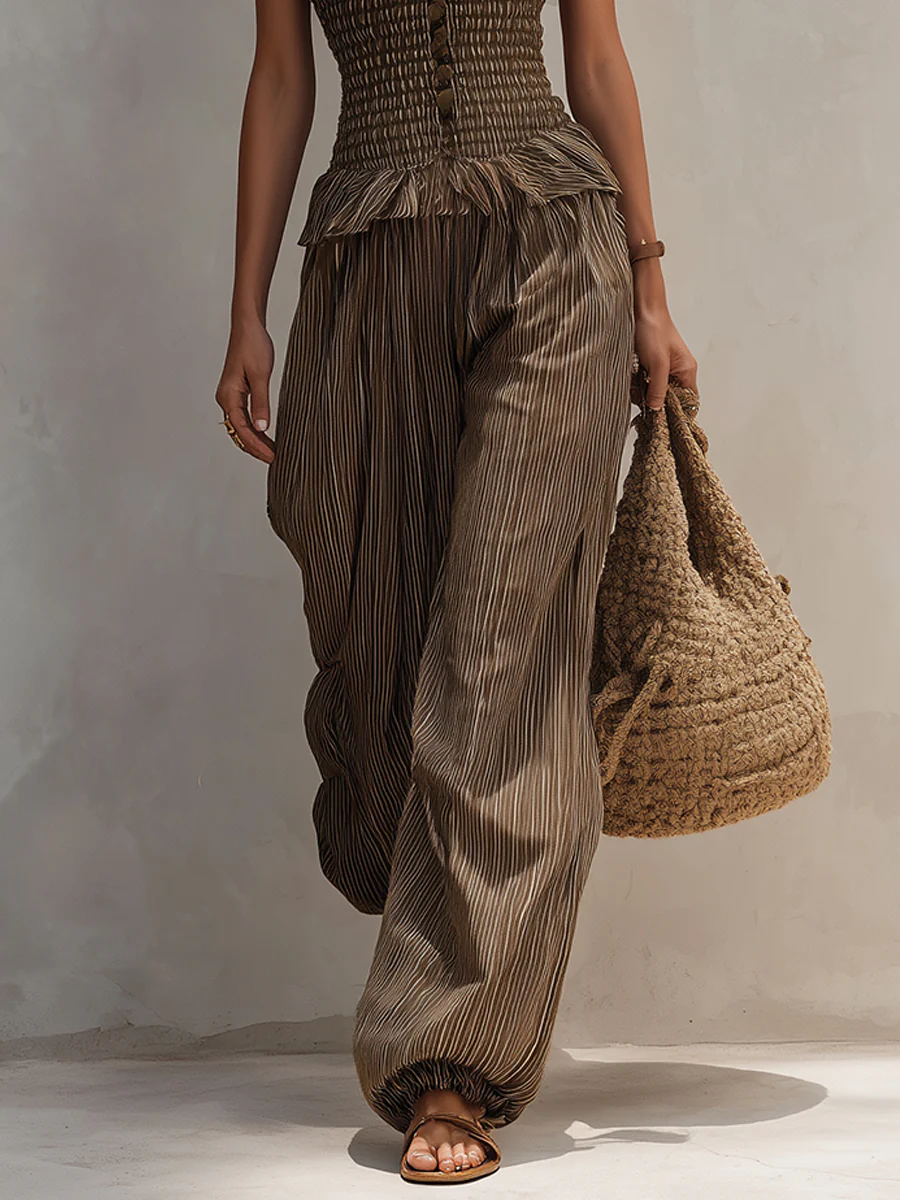 Boho Striped Shirred Top & Balloon Pants Set - Image 3