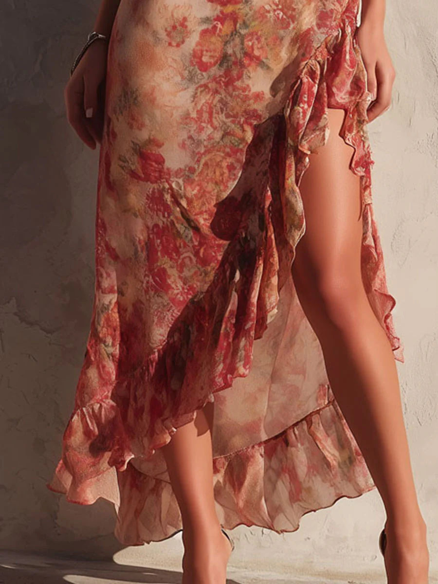 Boho Sunset Rose Print Loral Ruffled Asymmetrical Slip Dress - Image 3