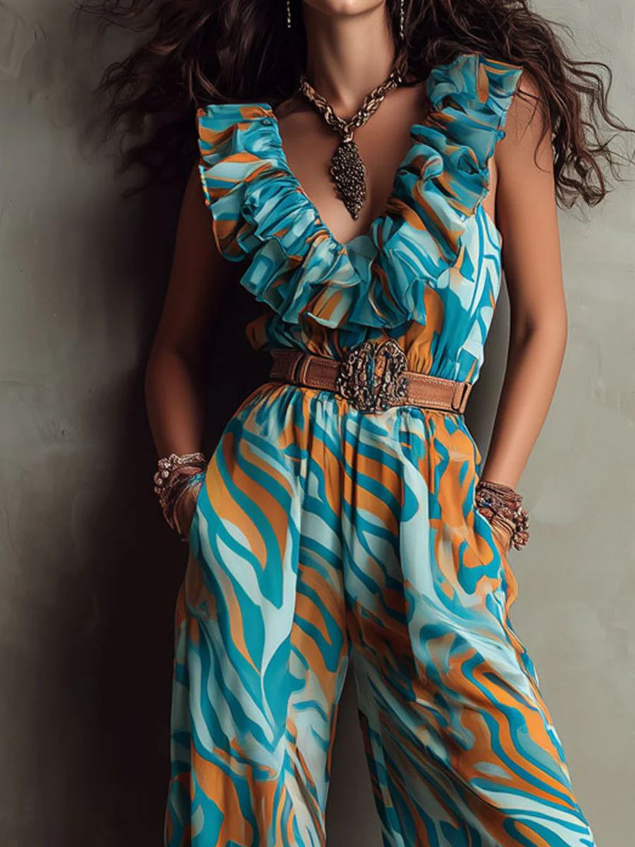 Boho Teal And Amber Waves Ruffled V-Neck Printed Jumpsuit - Image 2