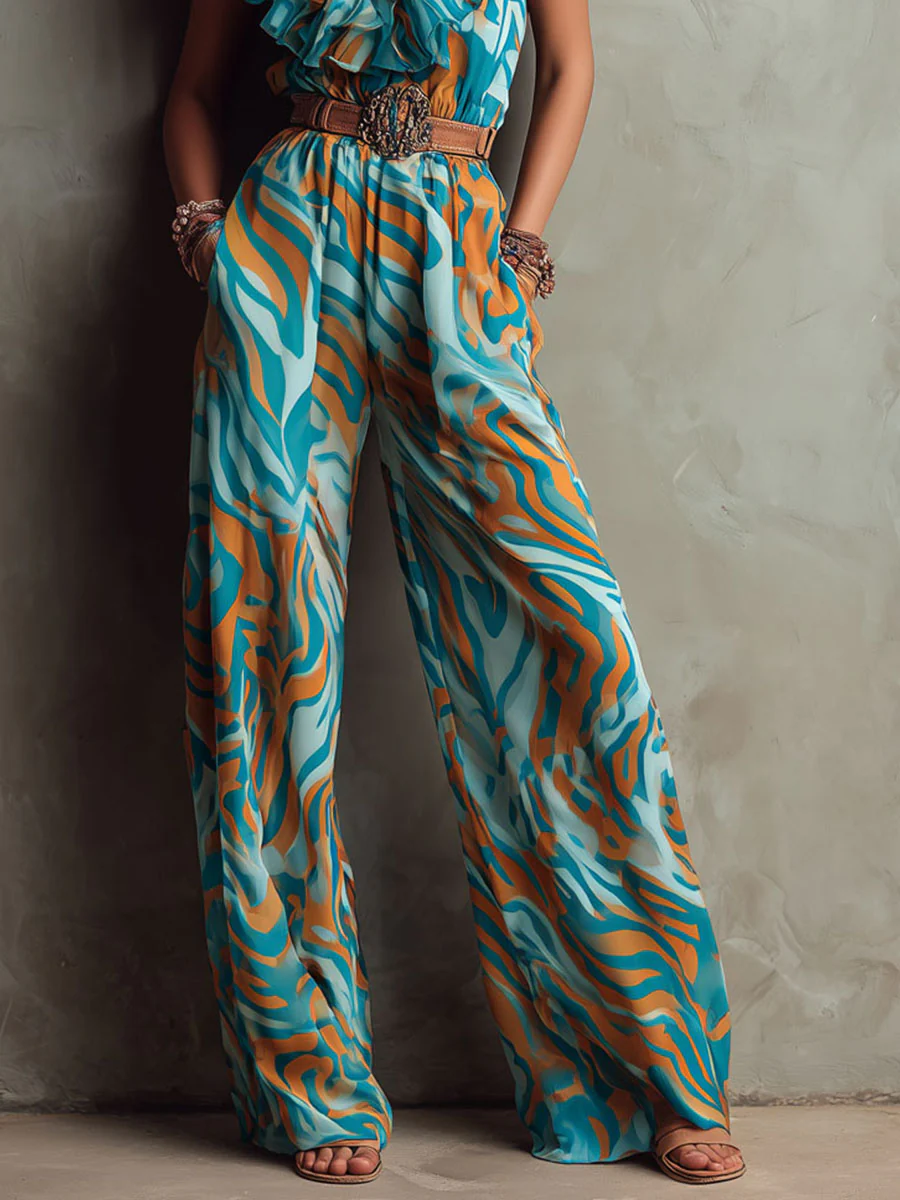 Boho Teal And Amber Waves Ruffled V-Neck Printed Jumpsuit - Image 3