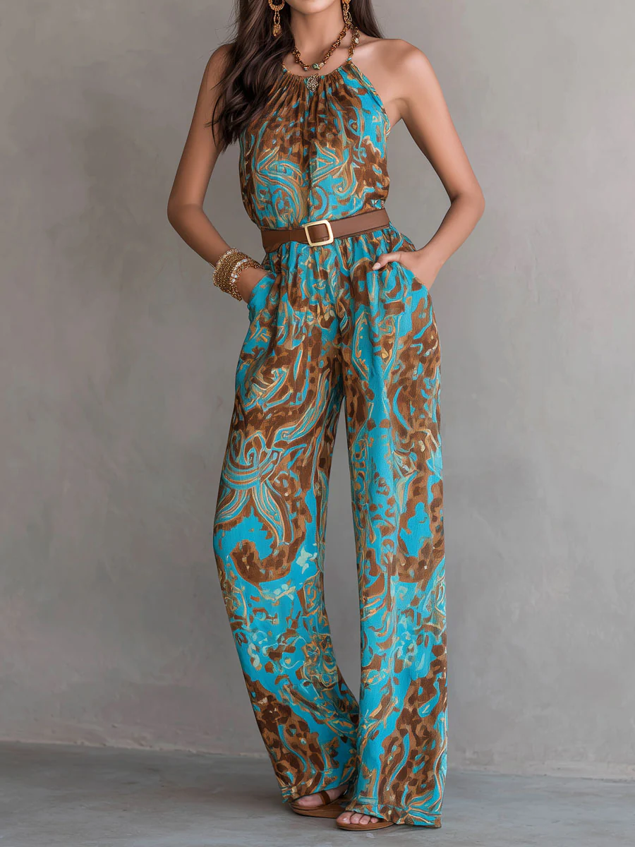 Boho Teal And Earth Tone Halter Neck Printed Wide-Leg Jumpsuit