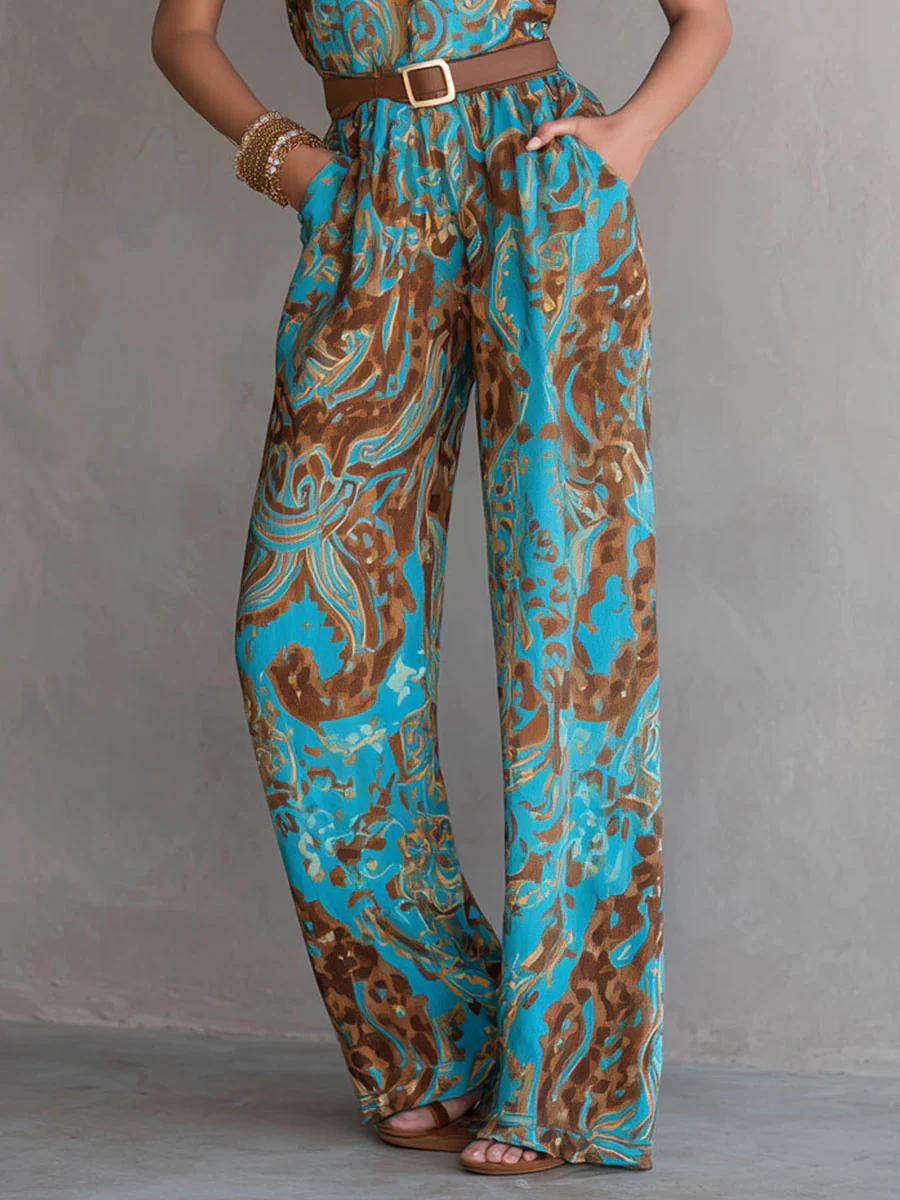 Boho Teal And Earth Tone Halter Neck Printed Wide-Leg Jumpsuit - Image 3