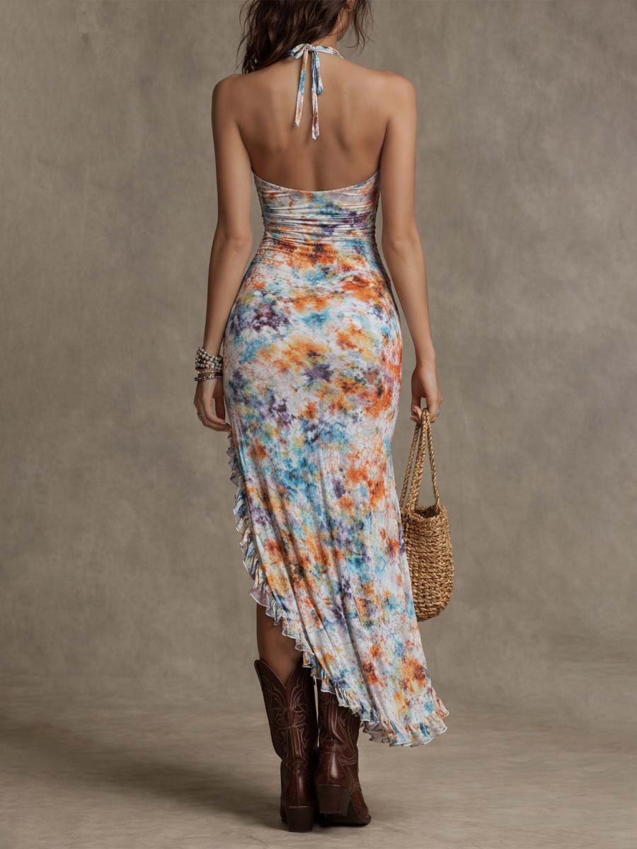 Boho Tie-Dye Print Halter Ruched Midi Dress - Image 3
