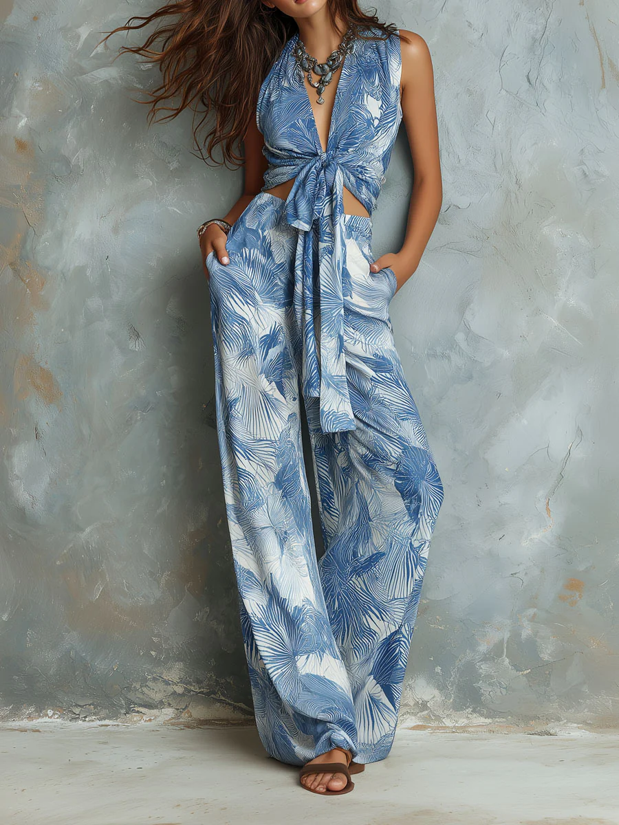 Boho Tropical Leaf Print Two-Piece Set