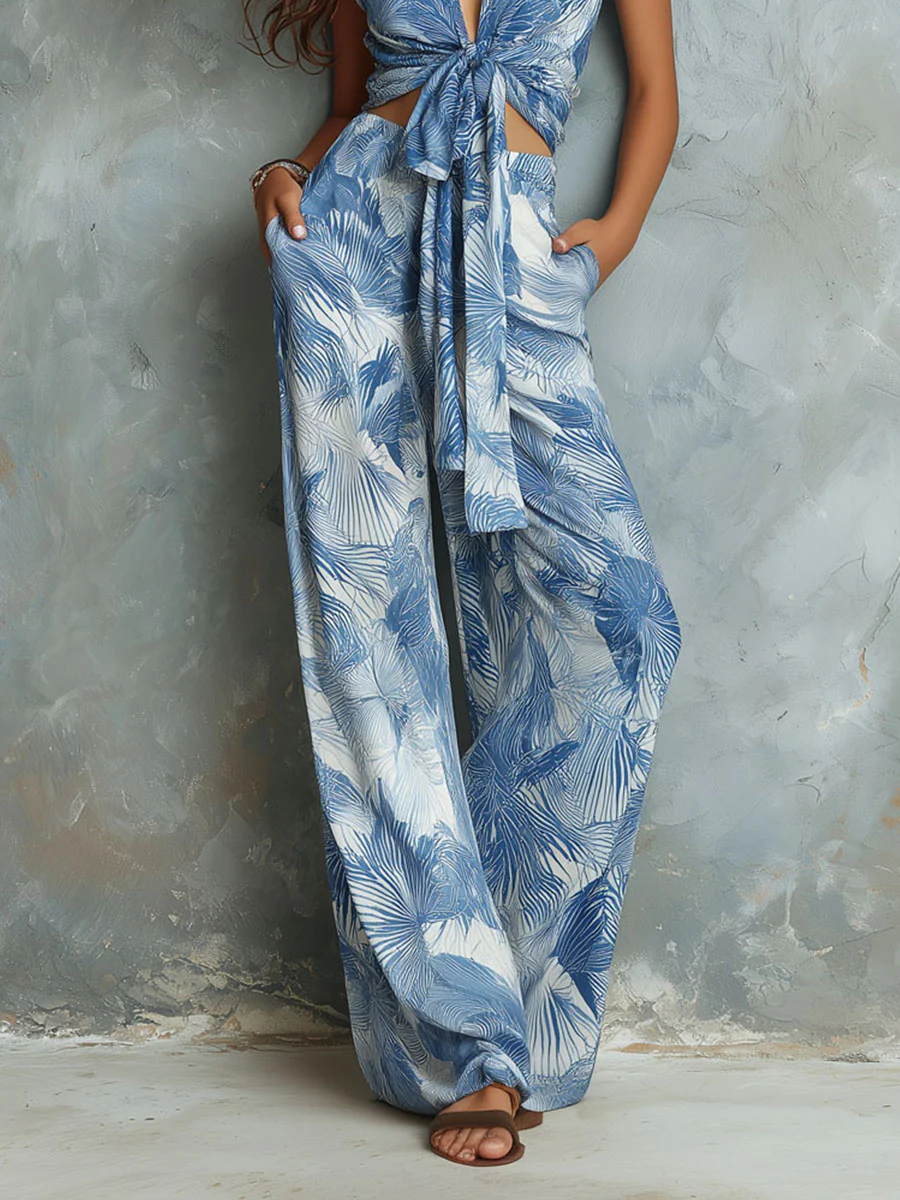 Boho Tropical Leaf Print Two-Piece Set - Image 3
