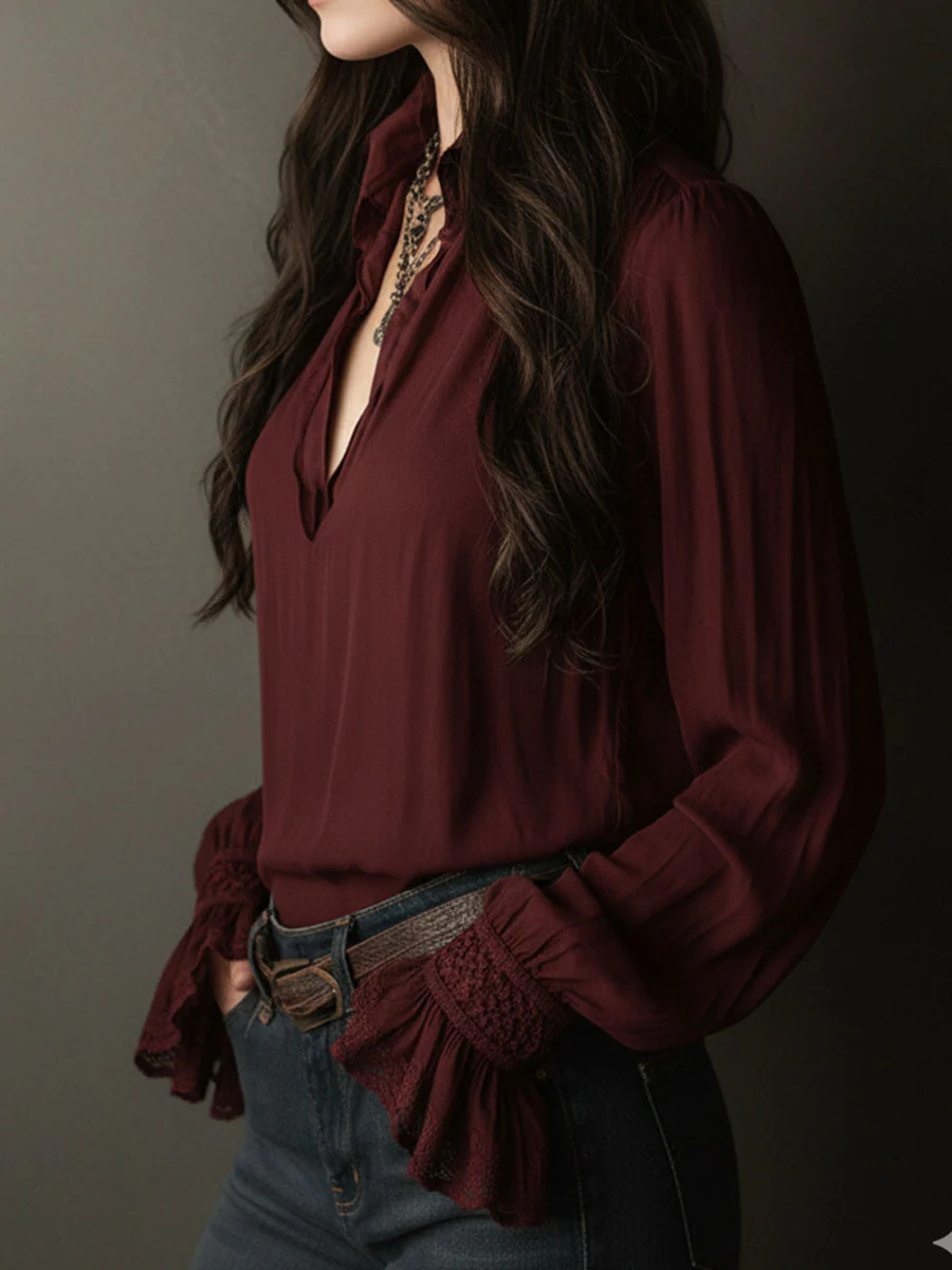 Boho V-Neck Deep Wine Red Blouse With Lace Cuffs - Image 3