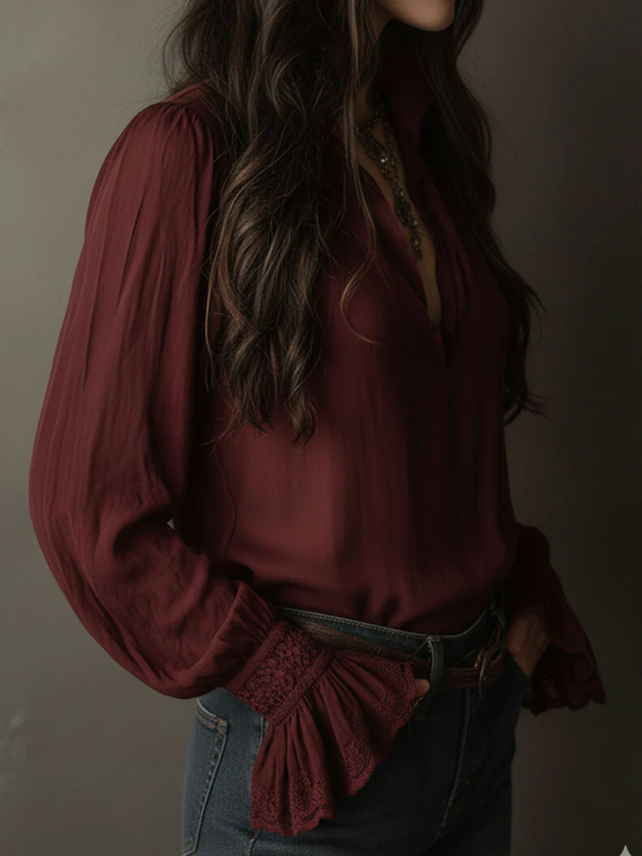 Boho V-Neck Deep Wine Red Blouse With Lace Cuffs - Image 4