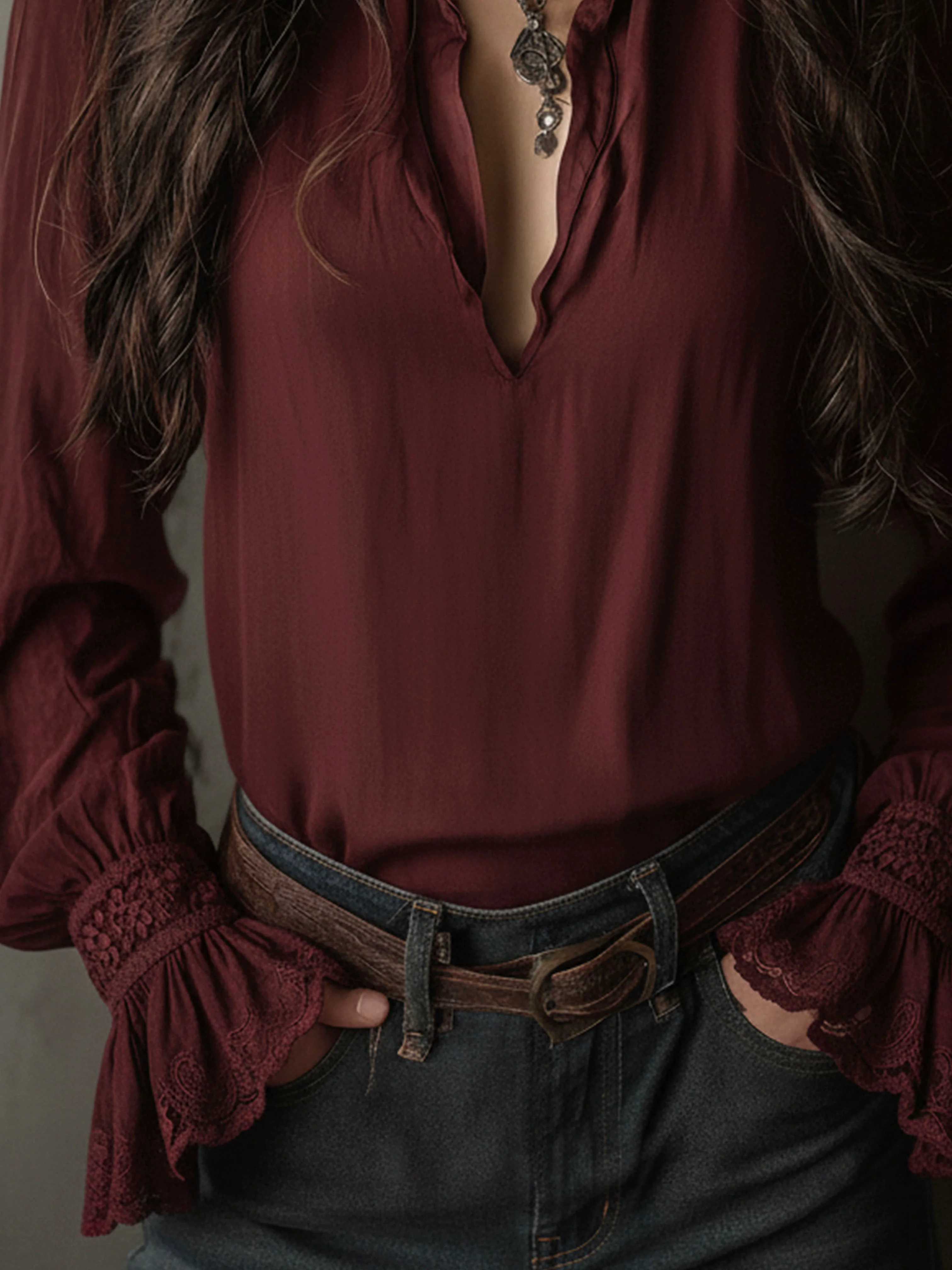 Boho V-Neck Deep Wine Red Blouse With Lace Cuffs - Image 8