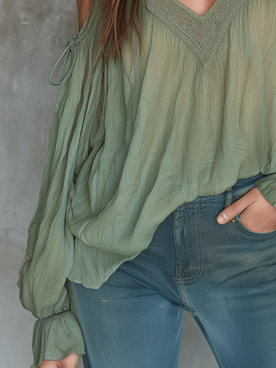 Boho V-Neck Off-Shoulder Lace Blouse - Image 4