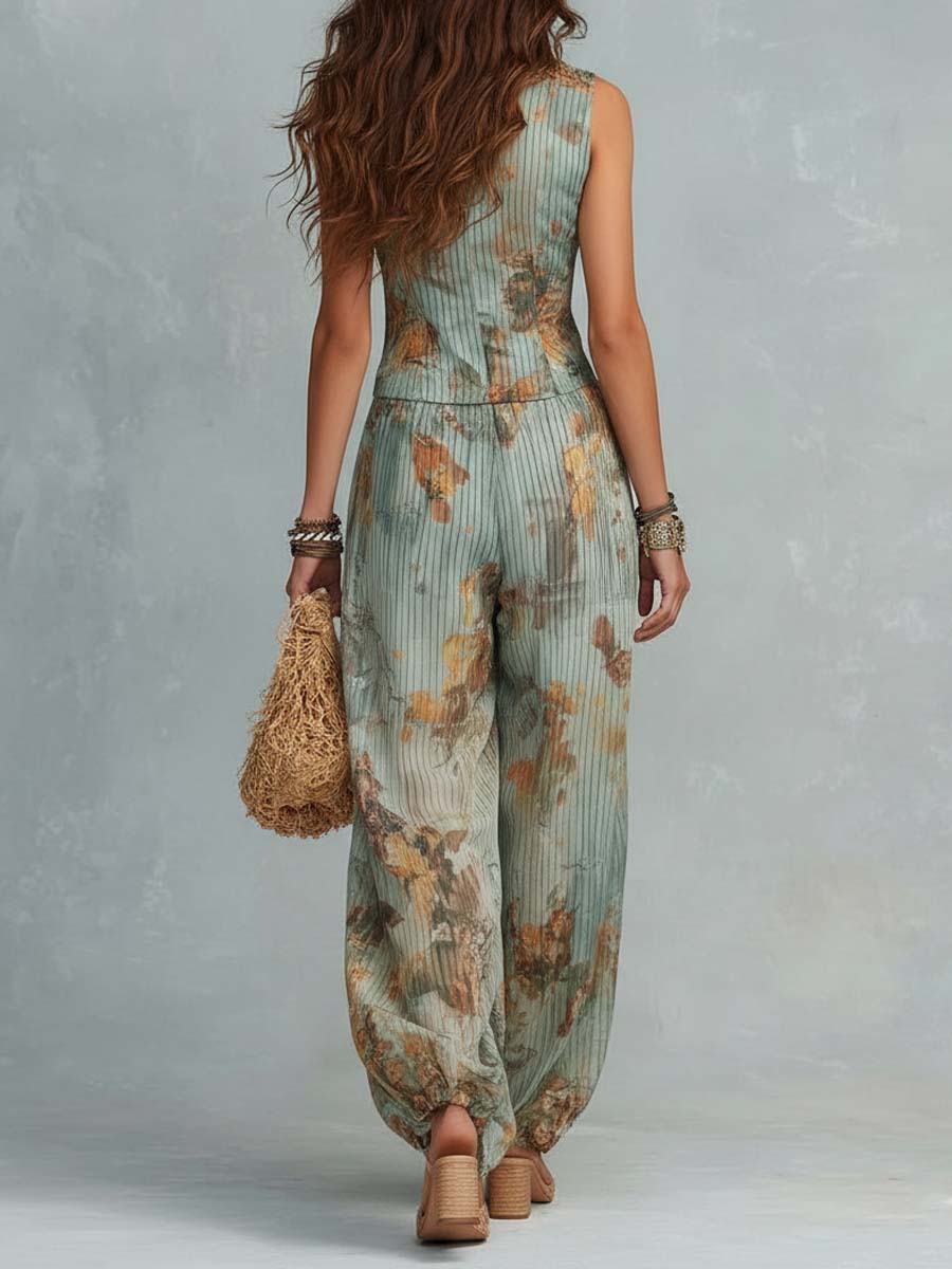 Boho Vintage Sage Floral Cotton-Linen Jumpsuit - Image 3