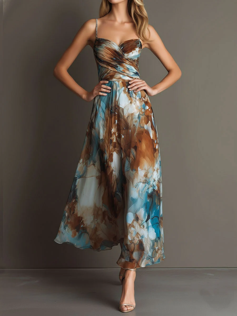 Boho Watercolor Print Chiffon Spaghetti Strap Maxi Dress - Image 3