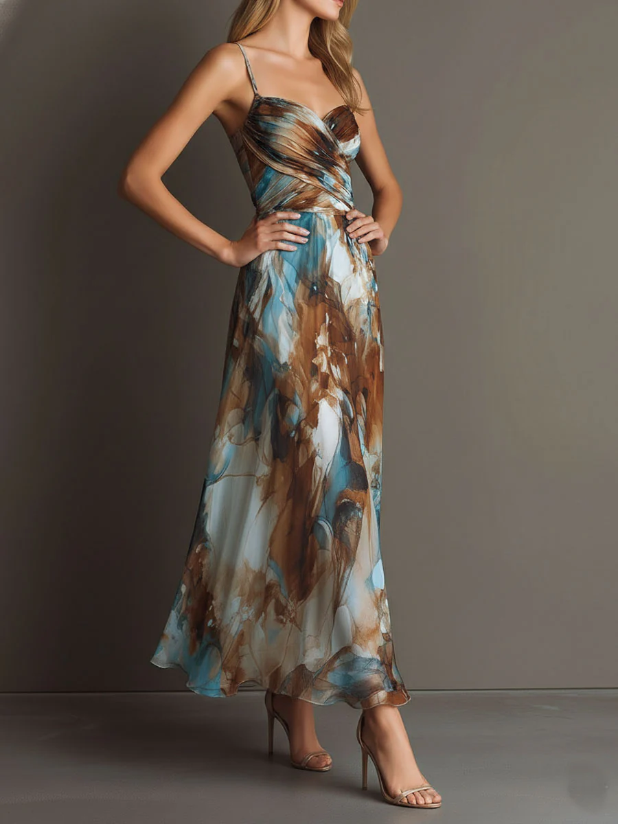 Boho Watercolor Print Chiffon Spaghetti Strap Maxi Dress - Image 4