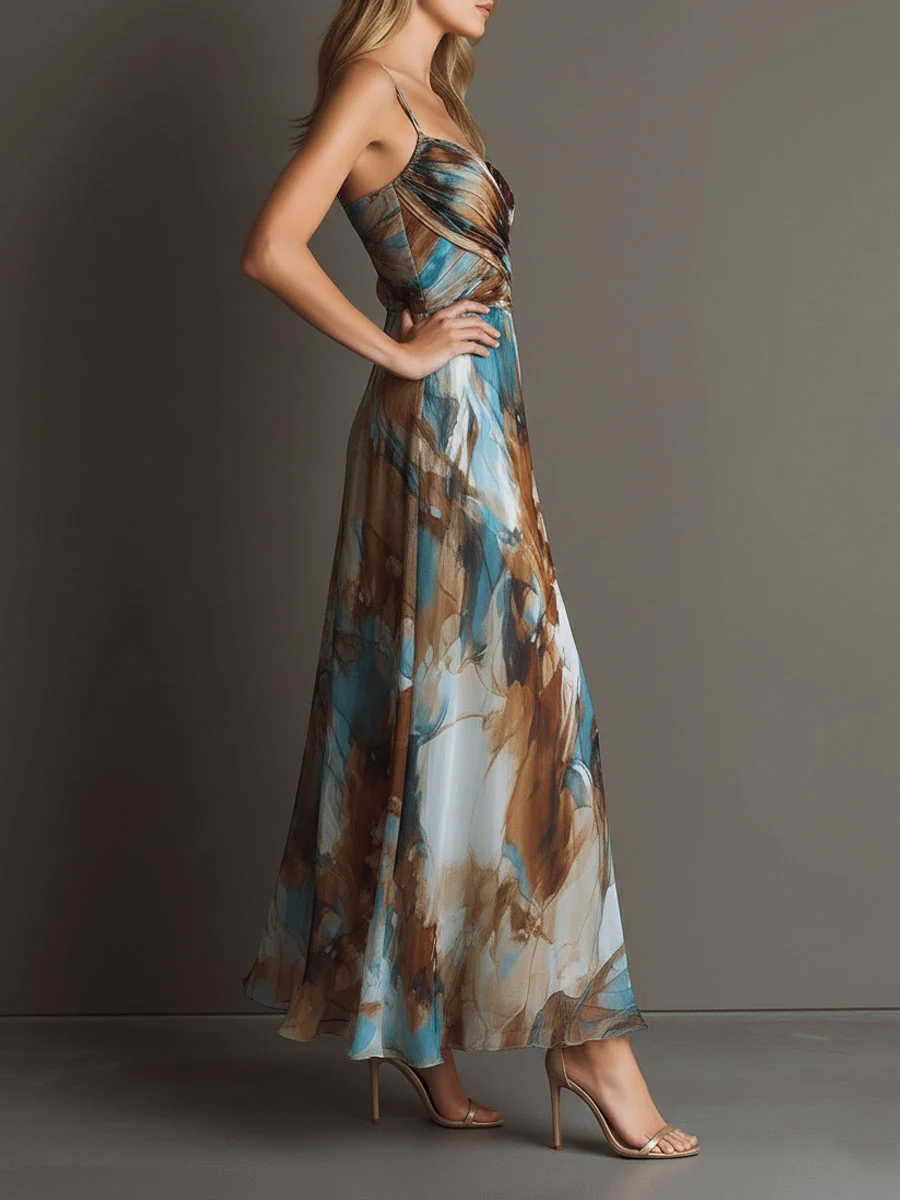 Boho Watercolor Print Chiffon Spaghetti Strap Maxi Dress - Image 5