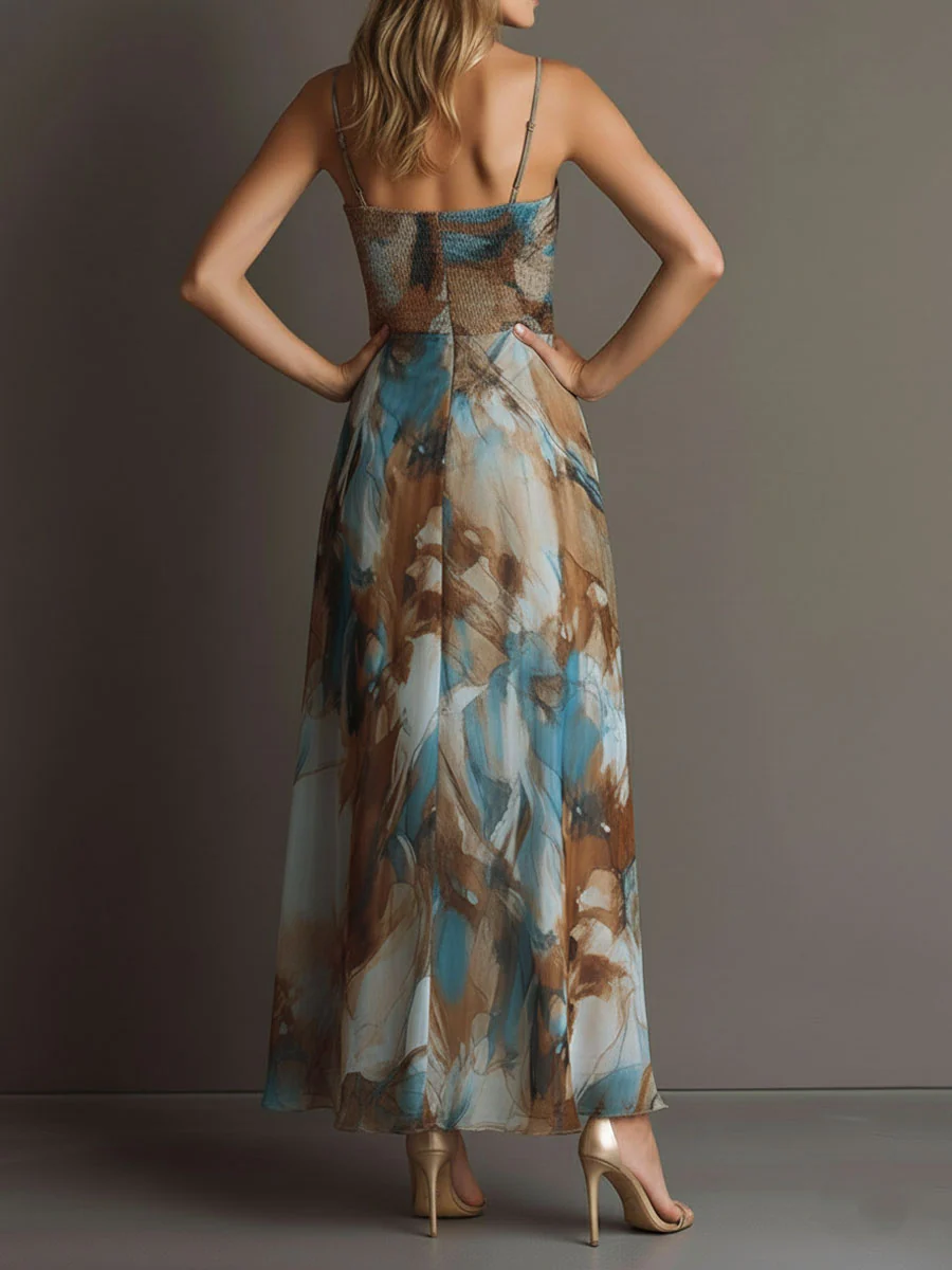 Boho Watercolor Print Chiffon Spaghetti Strap Maxi Dress - Image 6