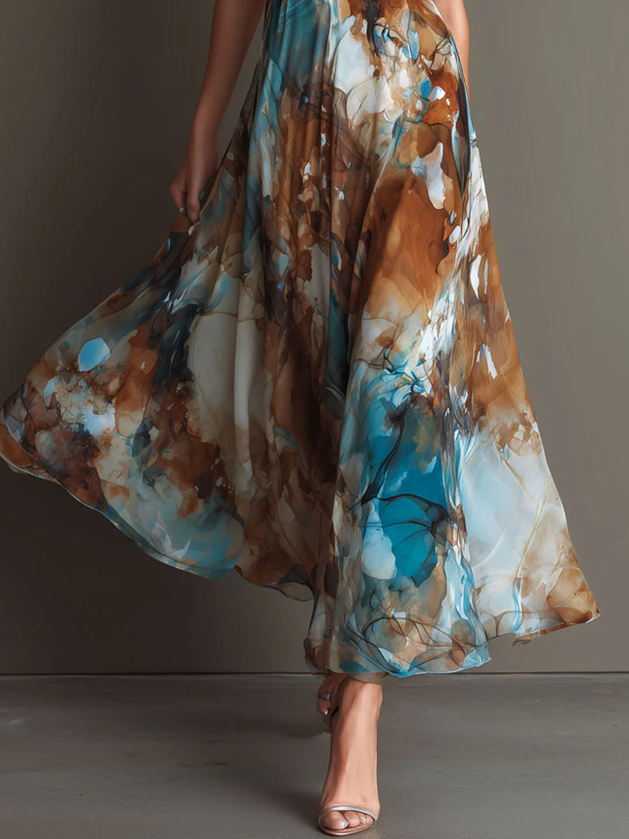 Boho Watercolor Print Chiffon Spaghetti Strap Maxi Dress - Image 7