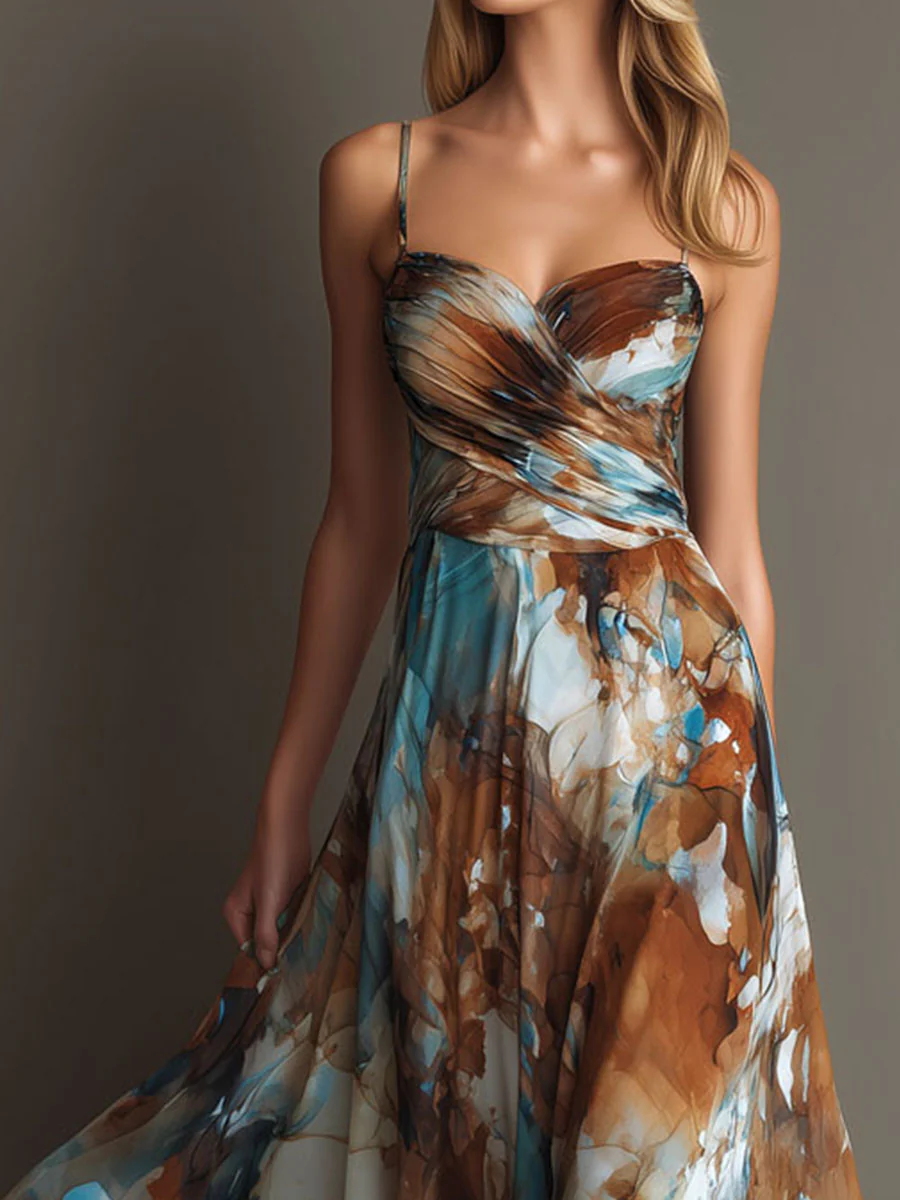 Boho Watercolor Print Chiffon Spaghetti Strap Maxi Dress - Image 8