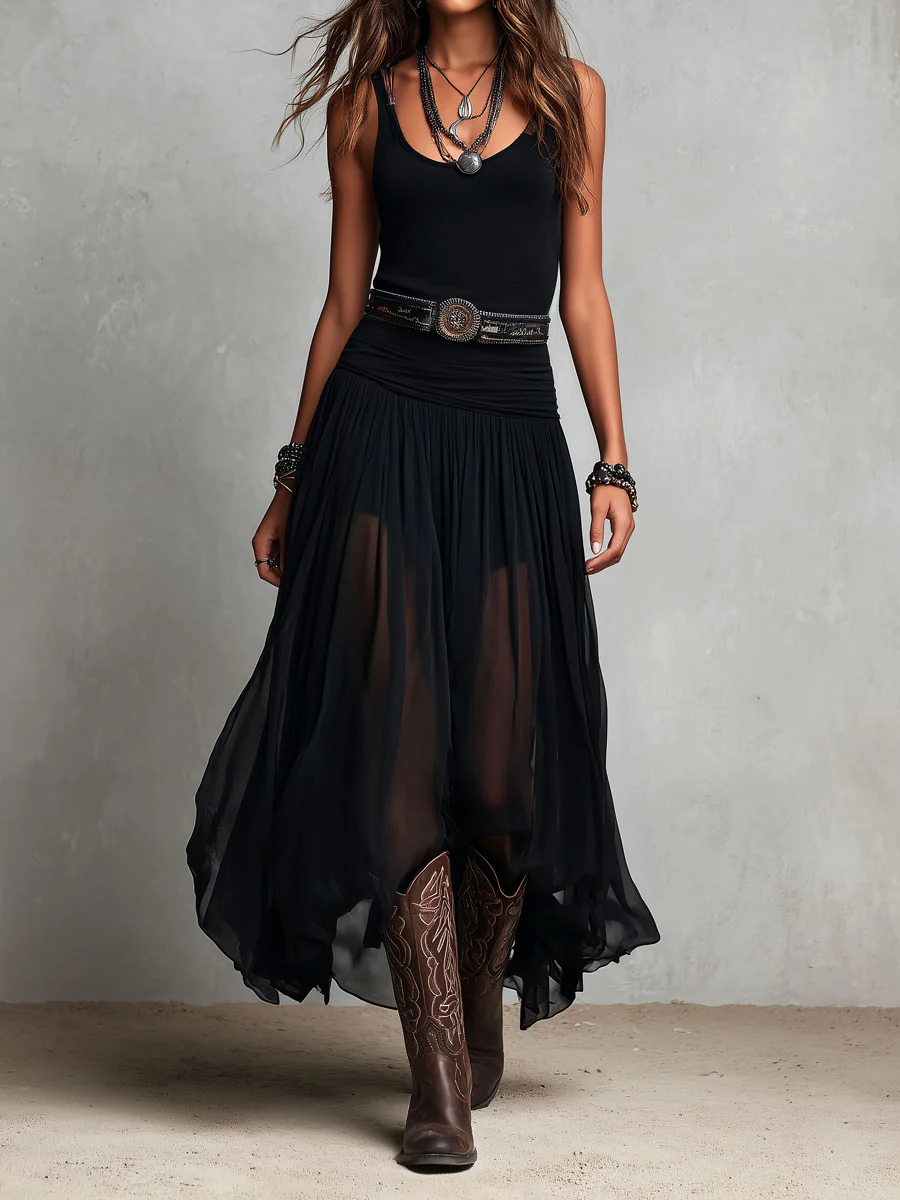 Boho Western Black Stretchy Maxi Dress With Sheer Skirt