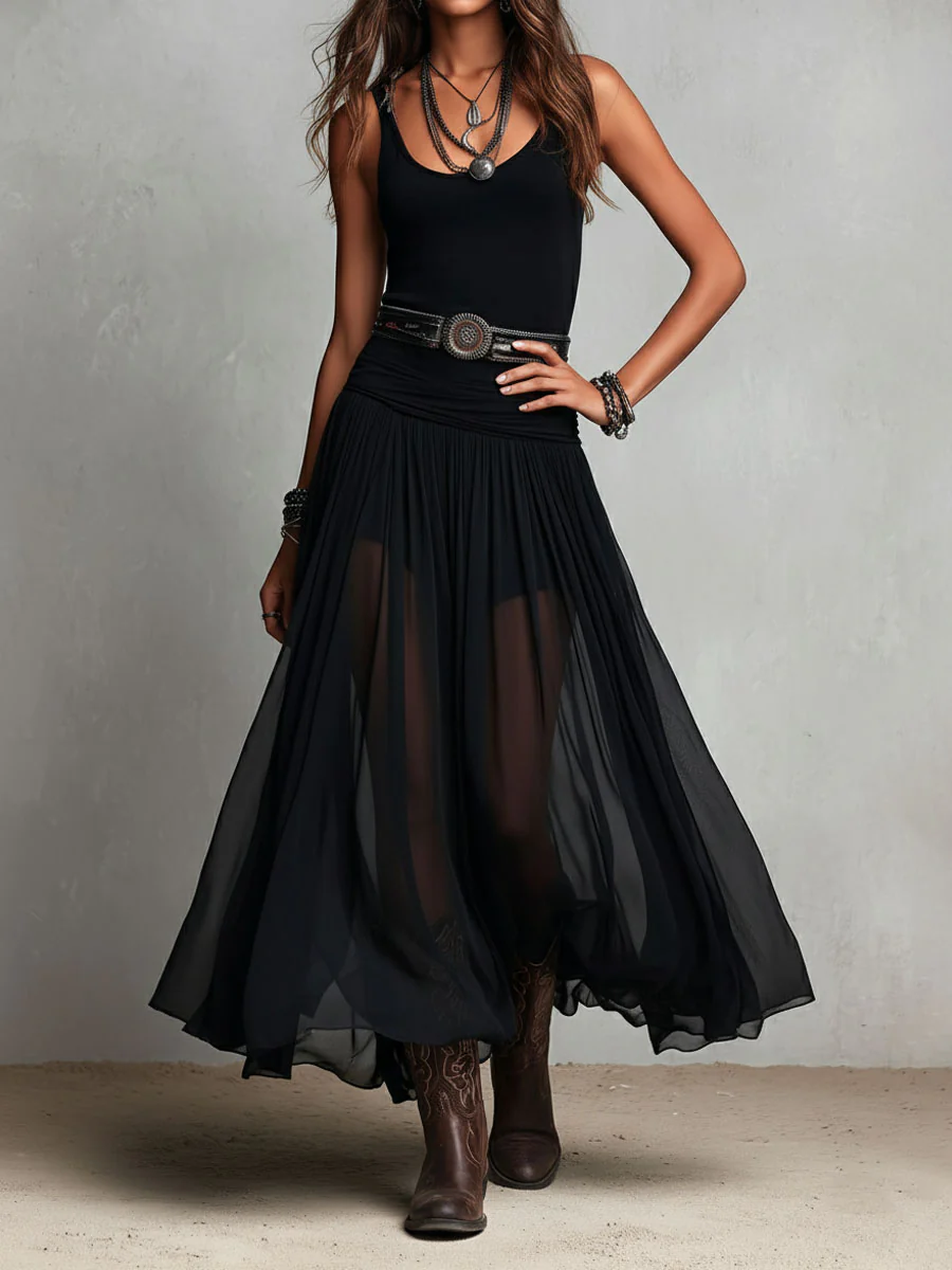 Boho Western Black Stretchy Maxi Dress With Sheer Skirt - Image 2