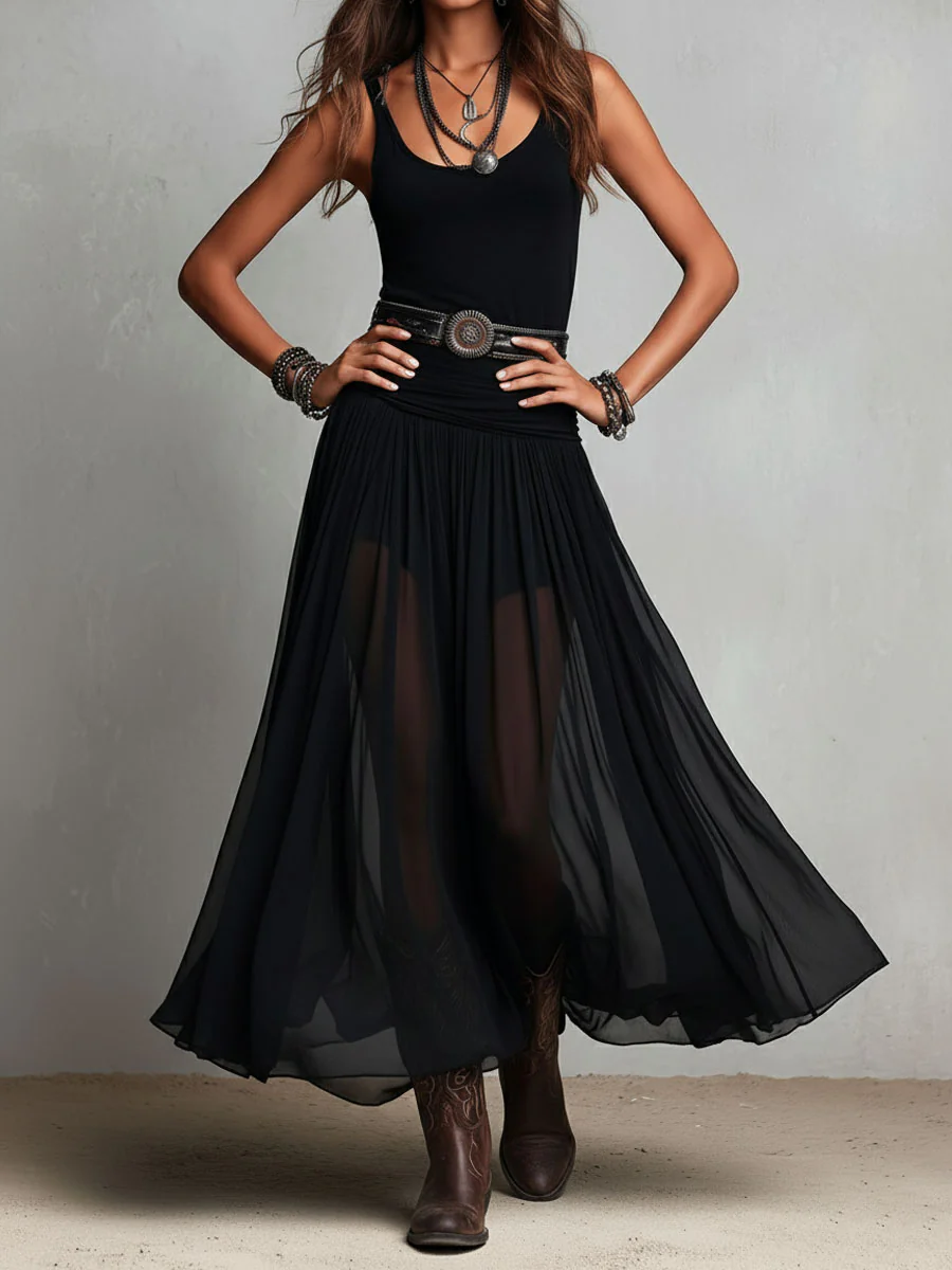 Boho Western Black Stretchy Maxi Dress With Sheer Skirt - Image 3