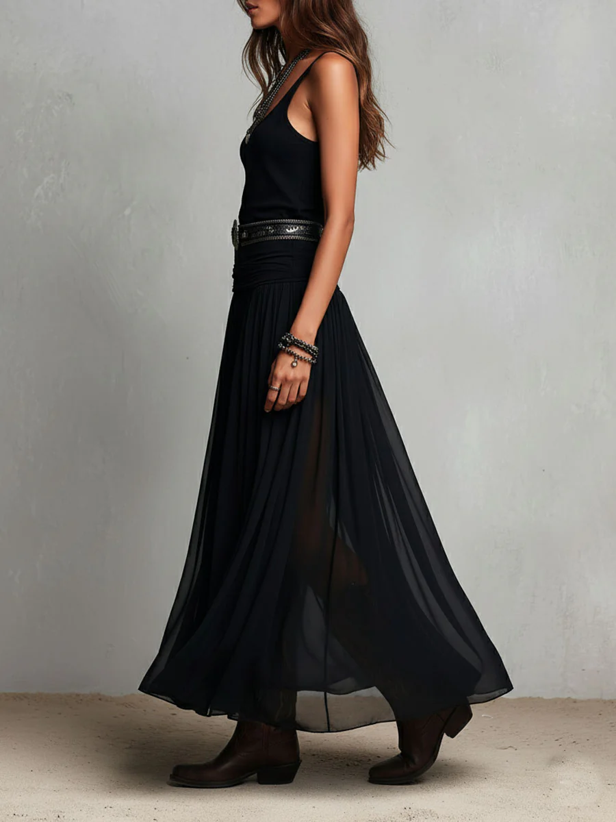Boho Western Black Stretchy Maxi Dress With Sheer Skirt - Image 5