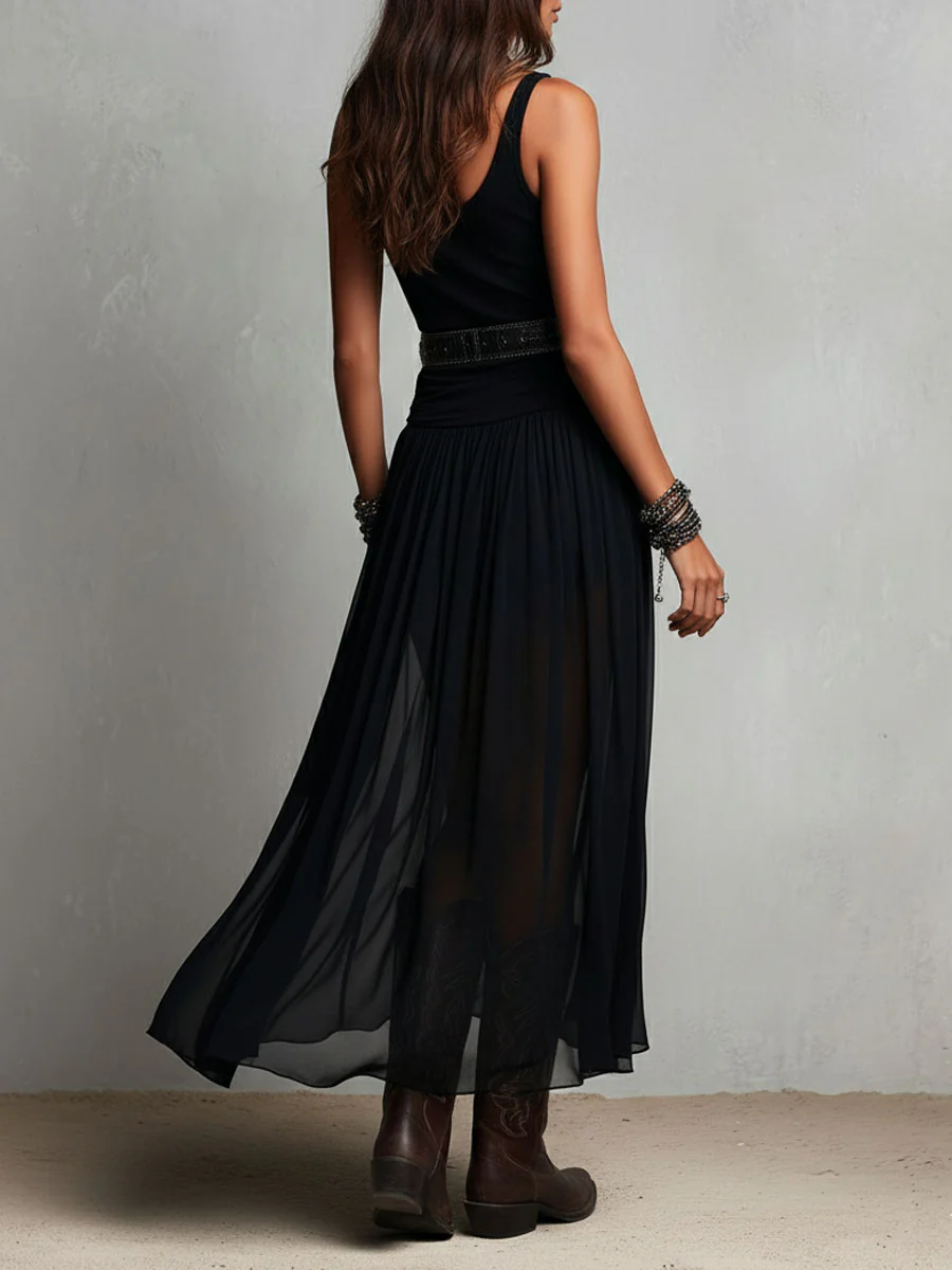 Boho Western Black Stretchy Maxi Dress With Sheer Skirt - Image 6