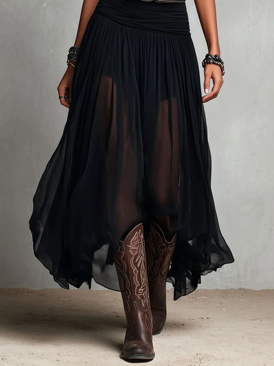Boho Western Black Stretchy Maxi Dress With Sheer Skirt - Image 8