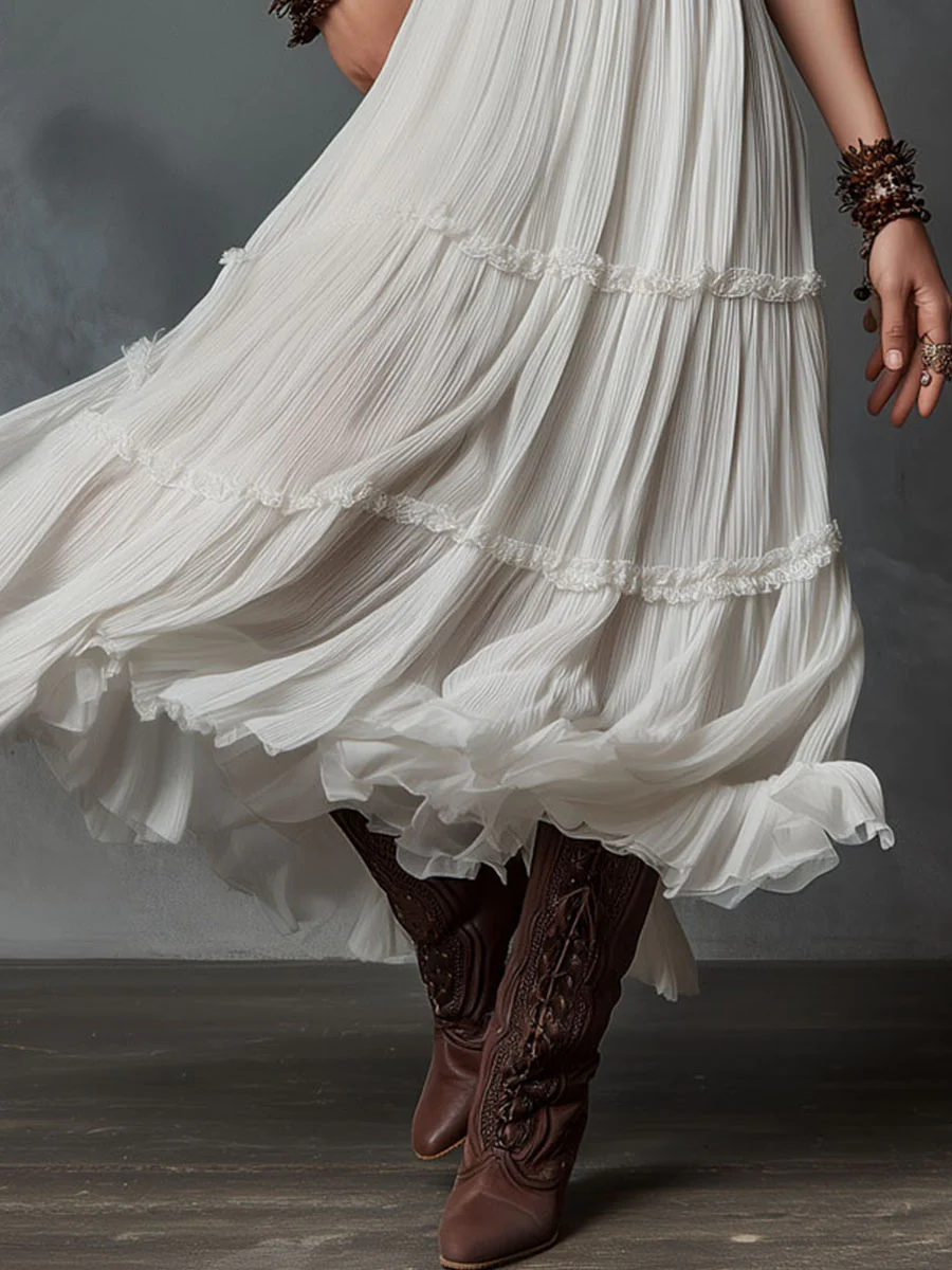 Boho White Lace-Trim Pleated Midi Dress - Image 2
