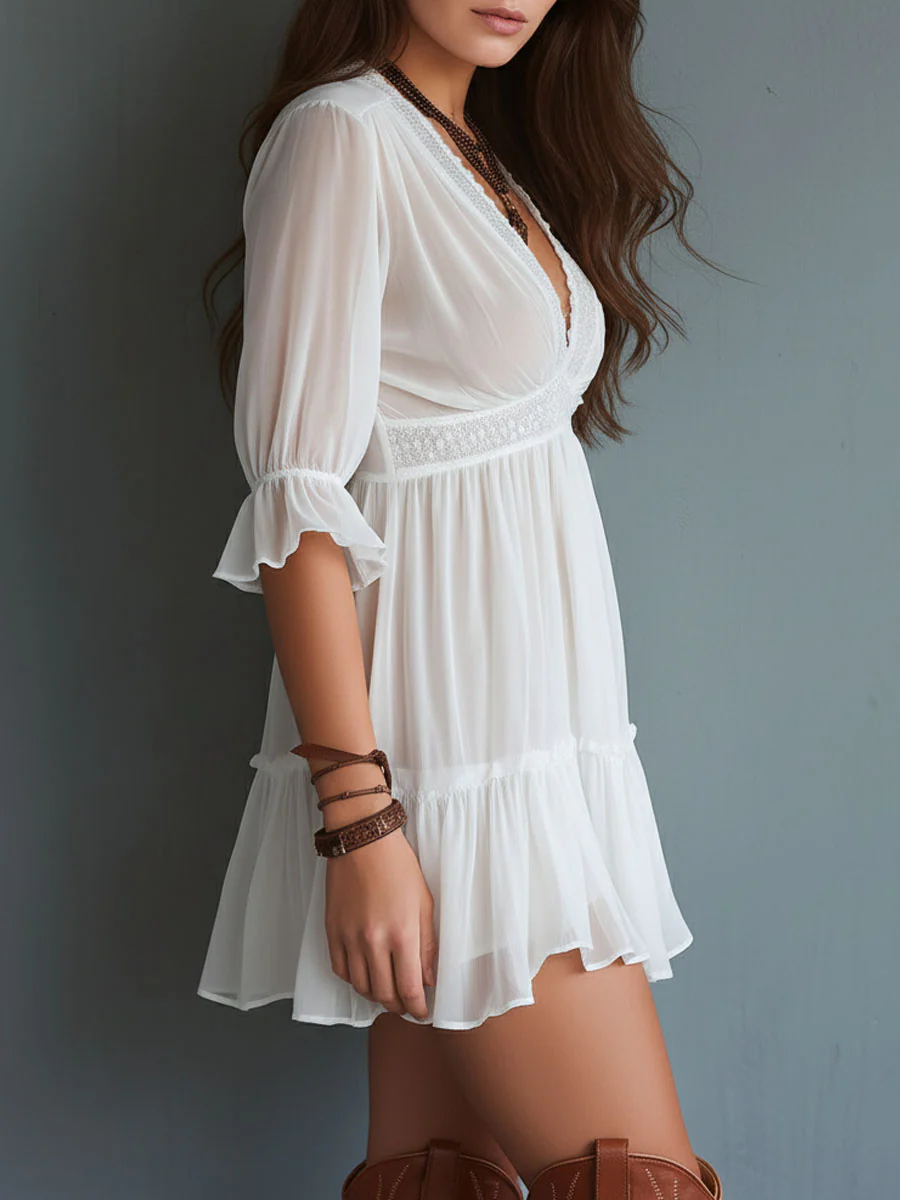 Boho White Lace-Trim Three Quater Sleeves Mini Dress - Image 4