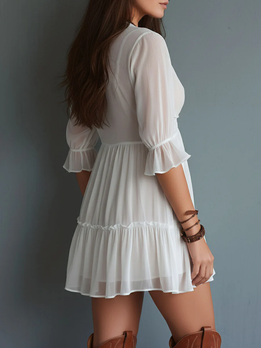 Boho White Lace-Trim Three Quater Sleeves Mini Dress - Image 5