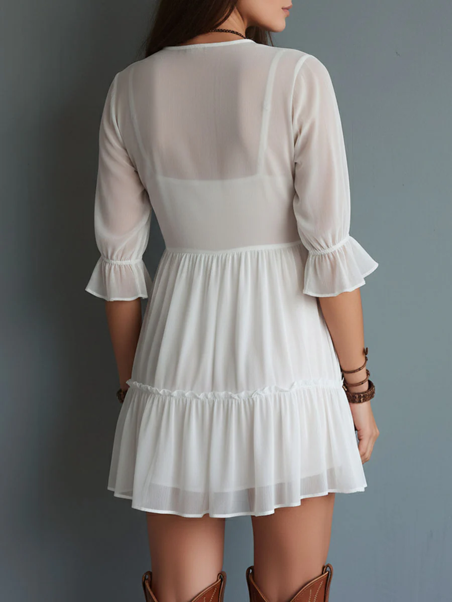 Boho White Lace-Trim Three Quater Sleeves Mini Dress - Image 6