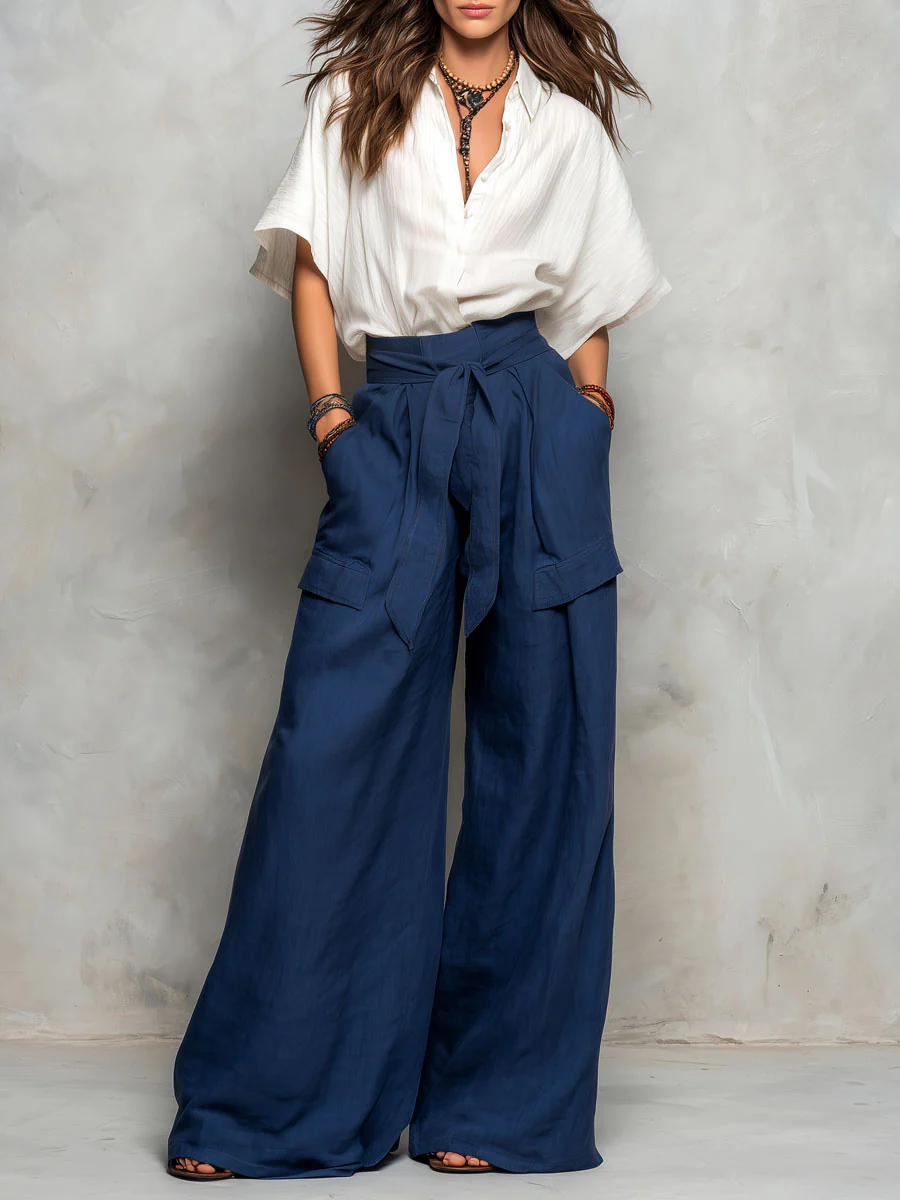 Boho White Shirt And Wide-Leg Navy Pants Linen Blend Set