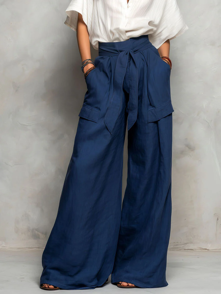 Boho White Shirt And Wide-Leg Navy Pants Linen Blend Set - Image 3