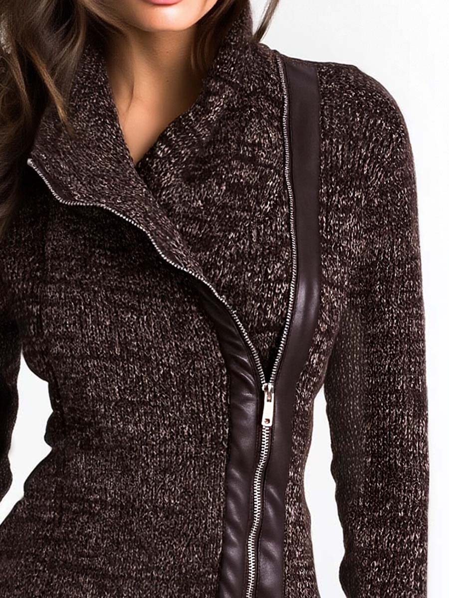 Brown Asymmetrical Zip Ribbed Knit Jacket - Image 3