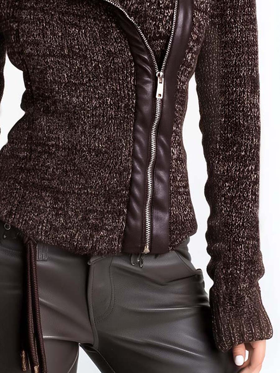 Brown Asymmetrical Zip Ribbed Knit Jacket - Image 4