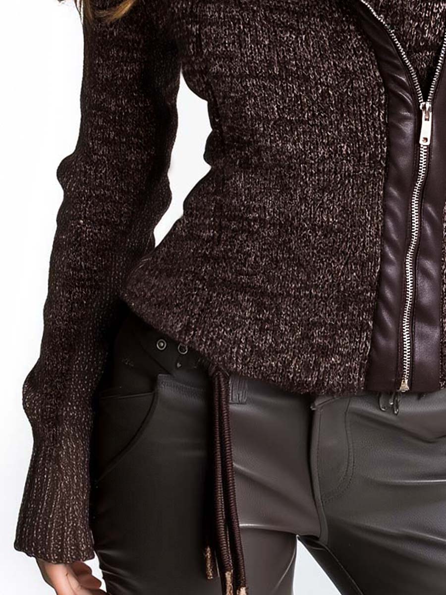 Brown Asymmetrical Zip Ribbed Knit Jacket - Image 5