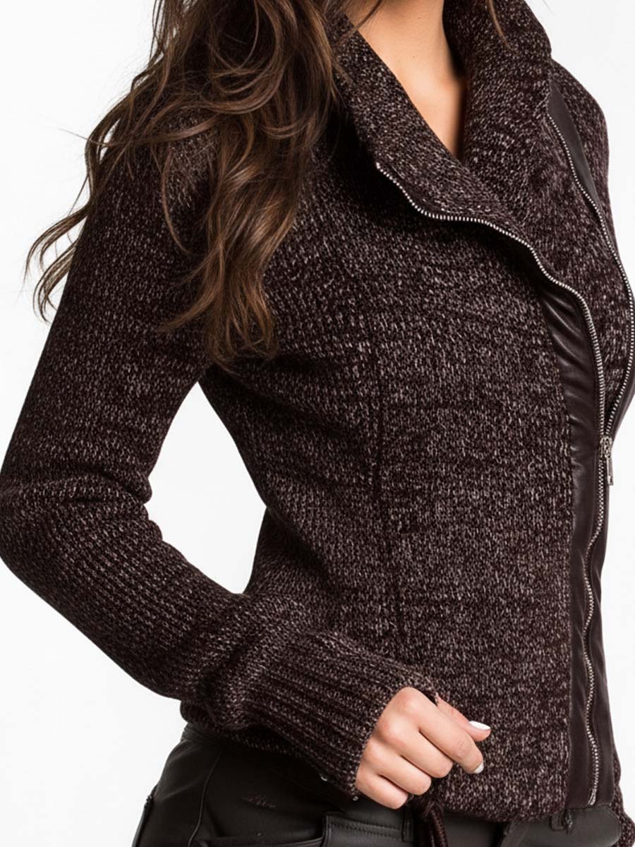 Brown Asymmetrical Zip Ribbed Knit Jacket - Image 7