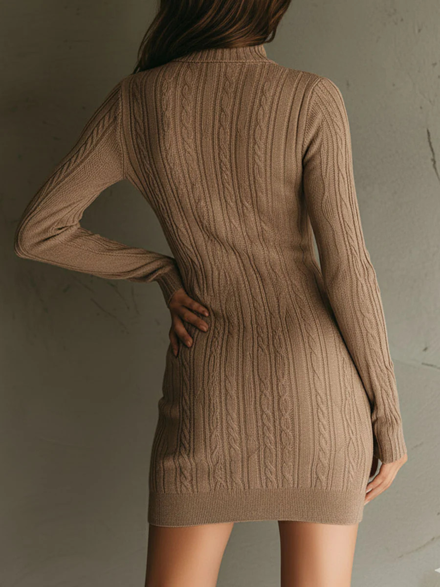 Camel Brown V Neck Half Zip Cable Knit Sweater Dress - Image 6
