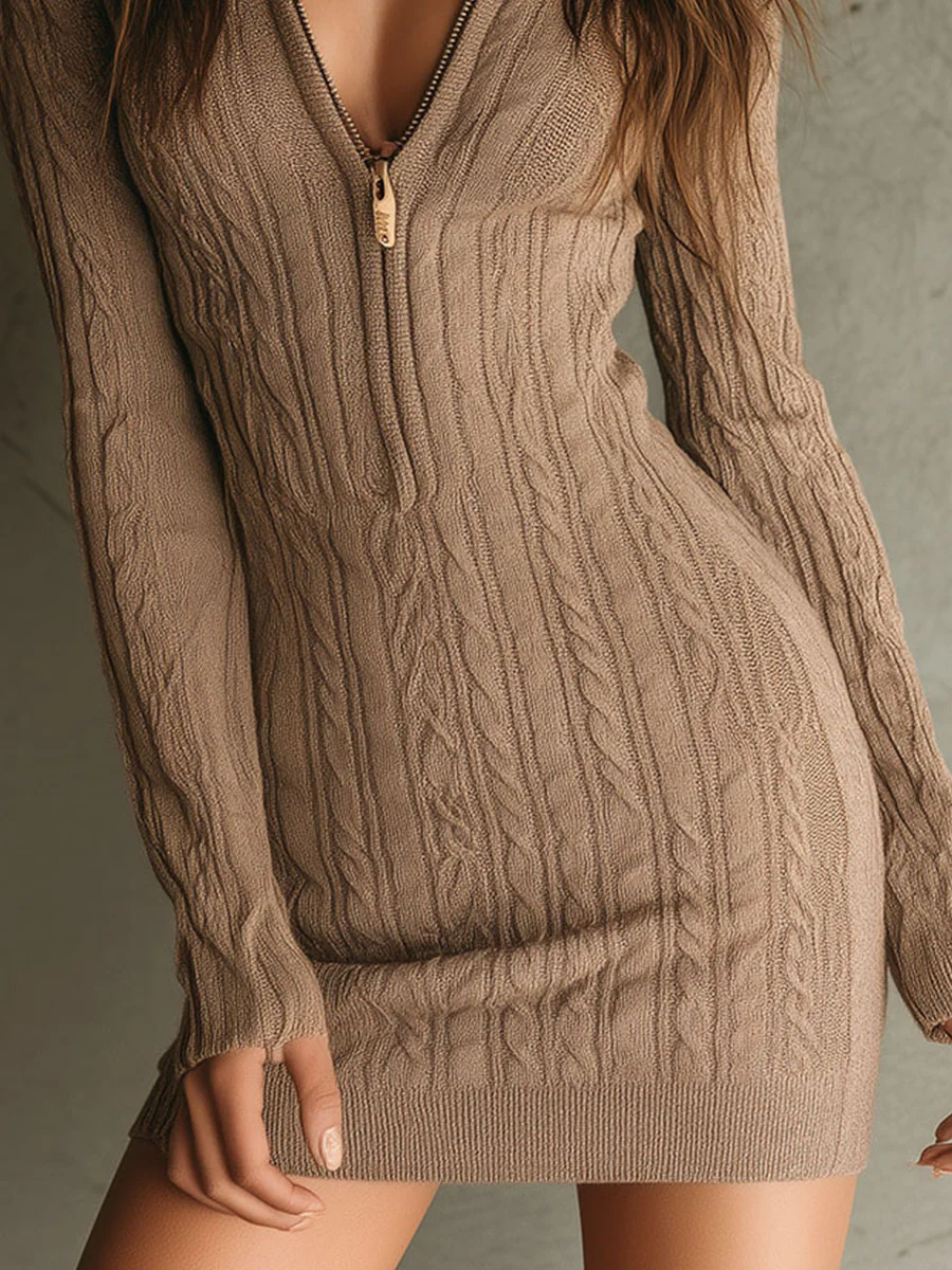 Camel Brown V Neck Half Zip Cable Knit Sweater Dress - Image 8