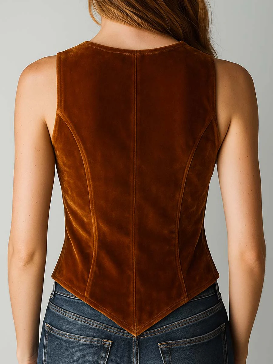 Caramel Velvet Embroidered Lace Trim Vest - Image 5