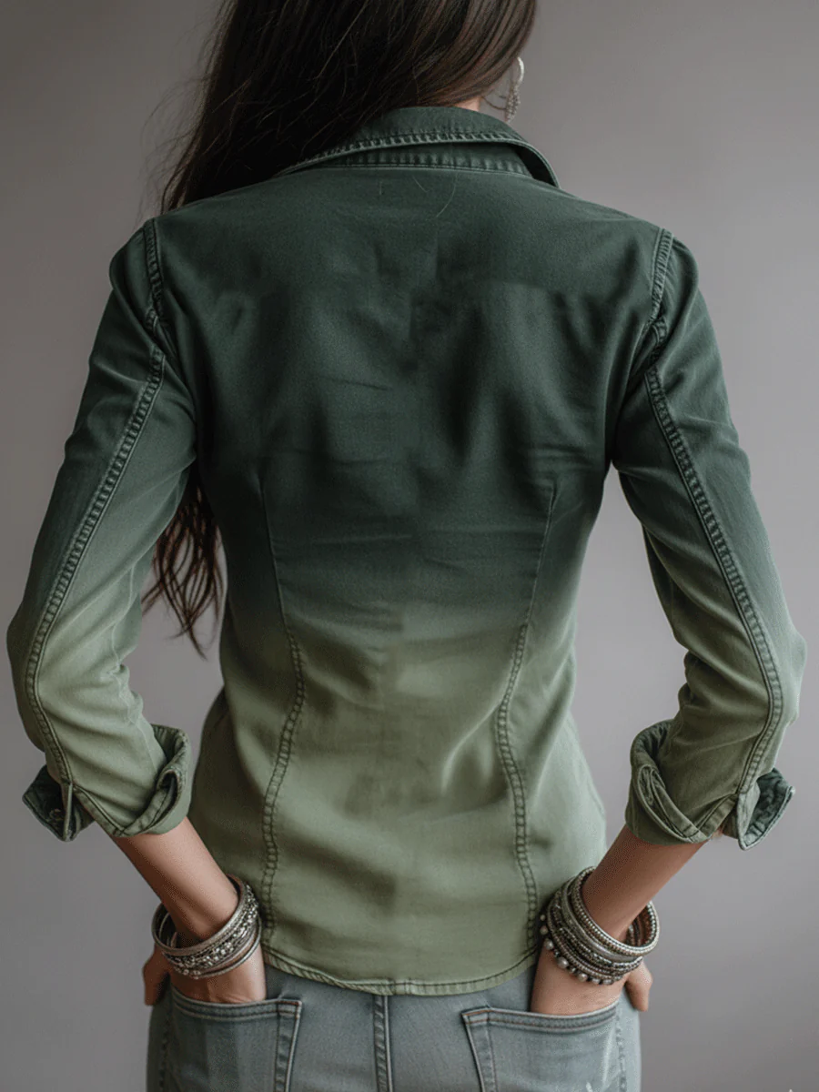 Casual Green Gradient Workwear Pocket Denim Zip-Up Blouse - Image 2