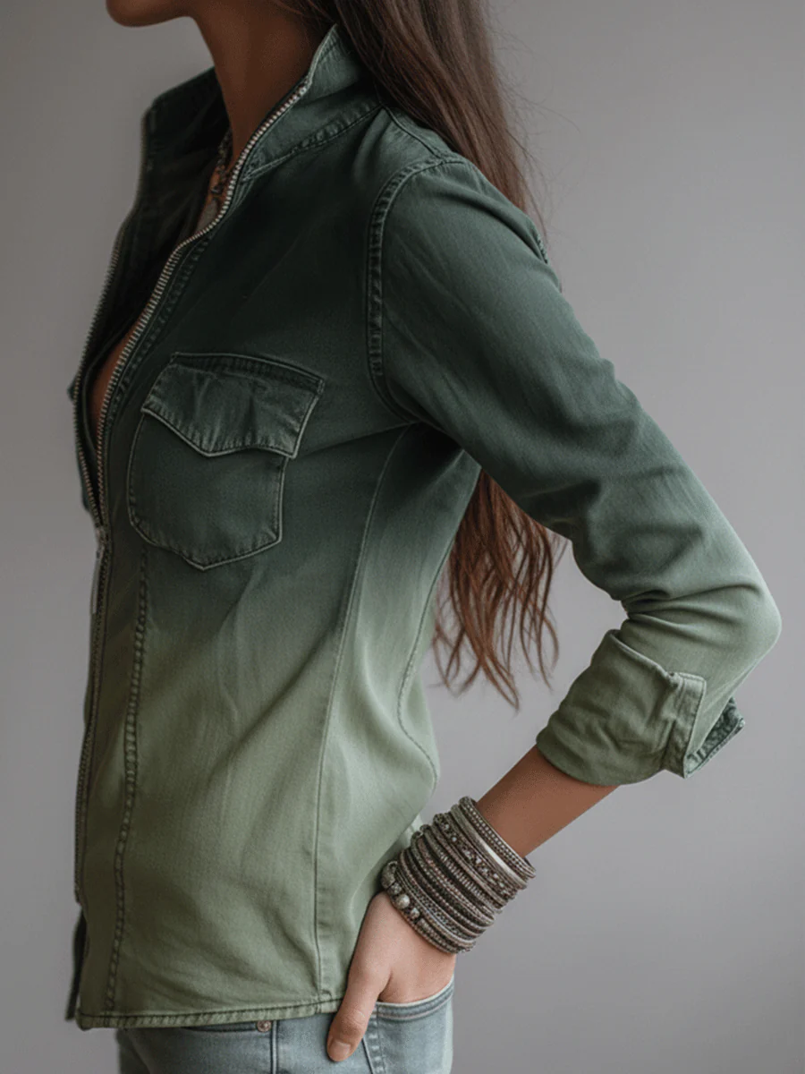 Casual Green Gradient Workwear Pocket Denim Zip-Up Blouse - Image 3
