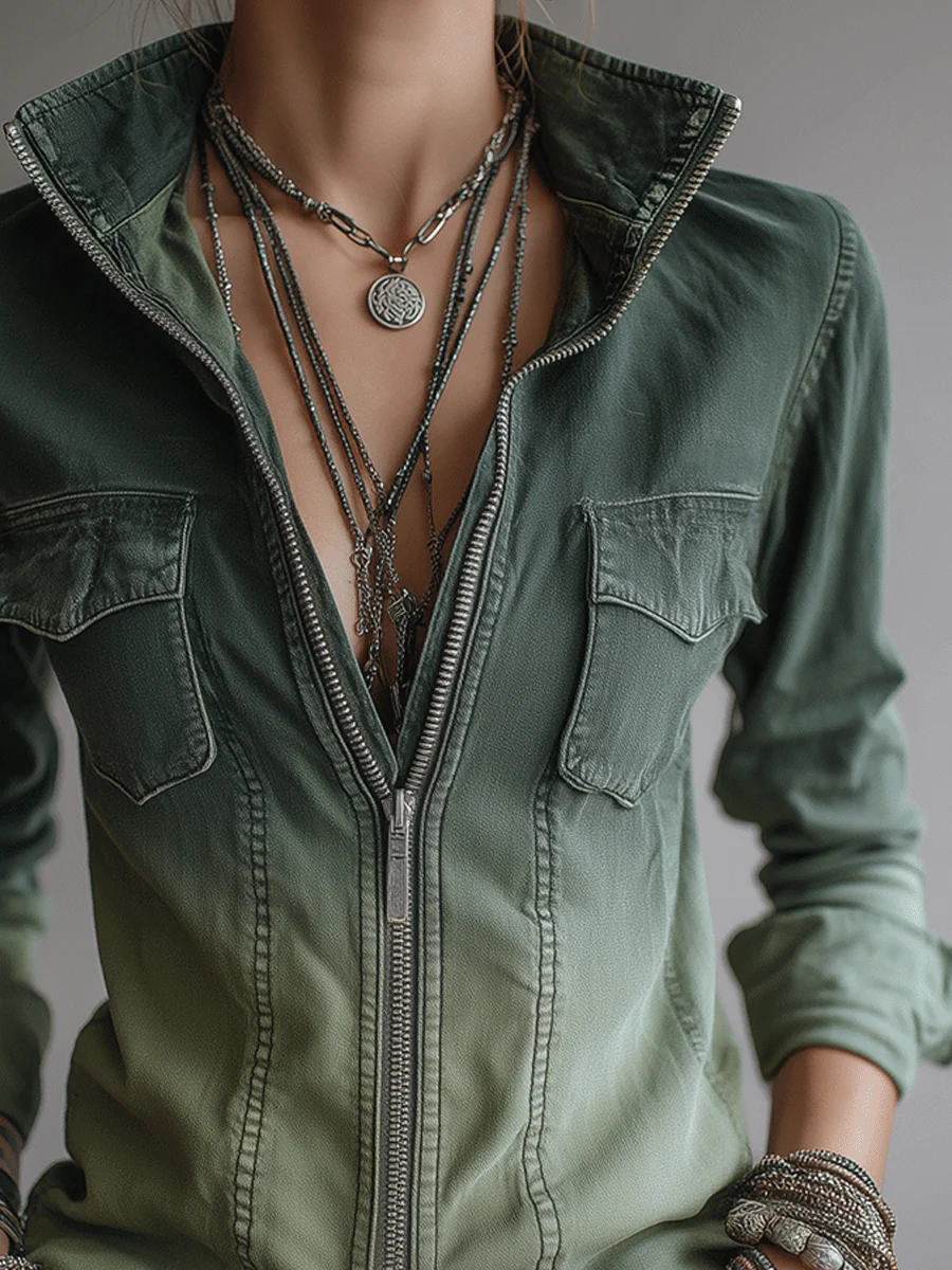 Casual Green Gradient Workwear Pocket Denim Zip-Up Blouse - Image 4