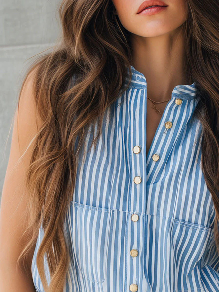 Casual Sleeveless Blue & White Striped Blouse - Image 2