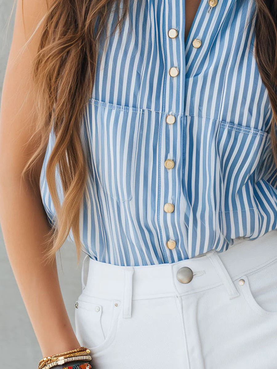 Casual Sleeveless Blue & White Striped Blouse - Image 3
