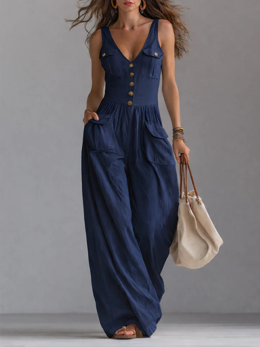 Casual Sleeveless Wide-leg Jumpsuit With Patch Pockets - Image 3