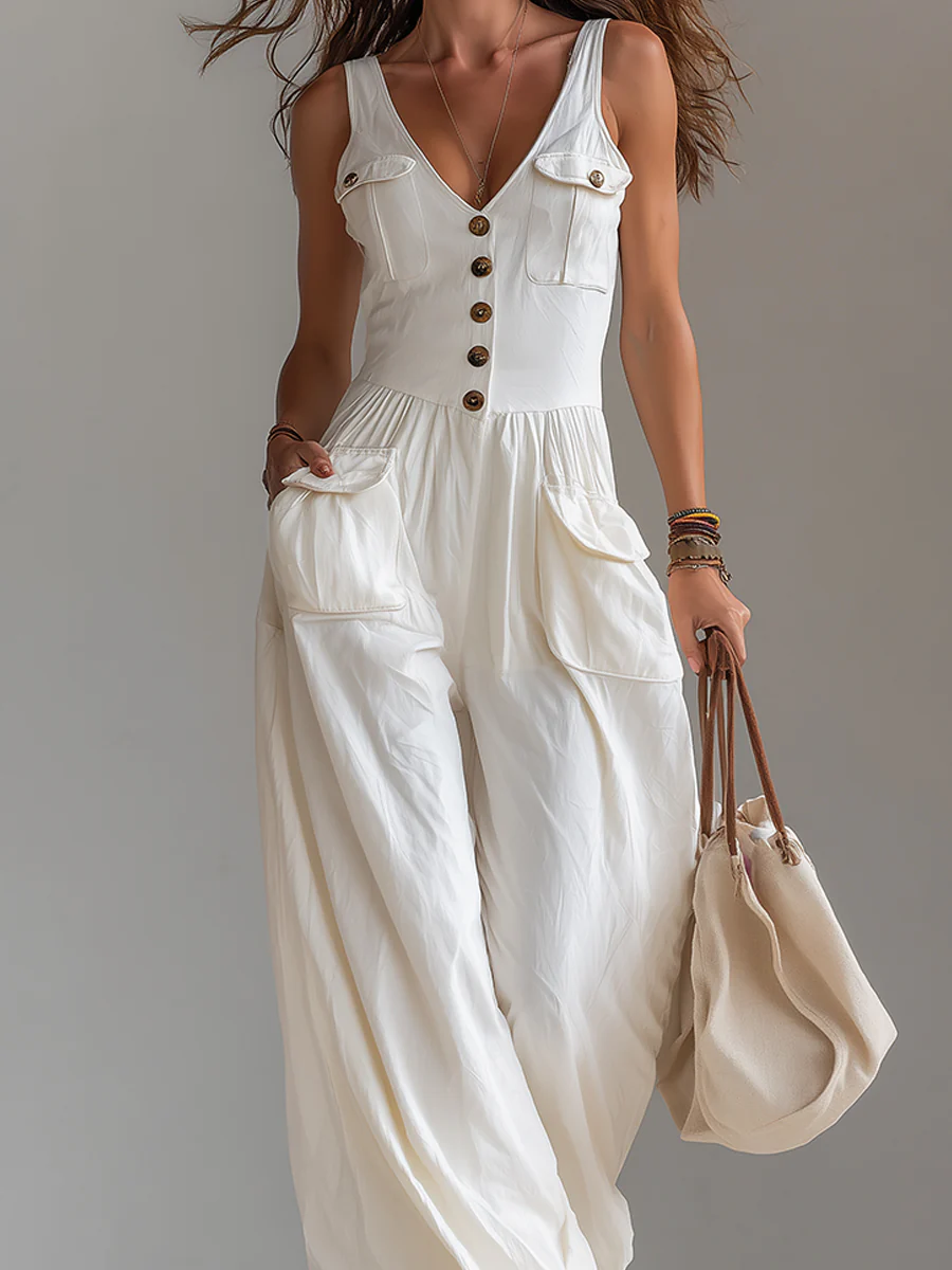 Casual Sleeveless Wide-leg Jumpsuit With Patch Pockets - Image 4