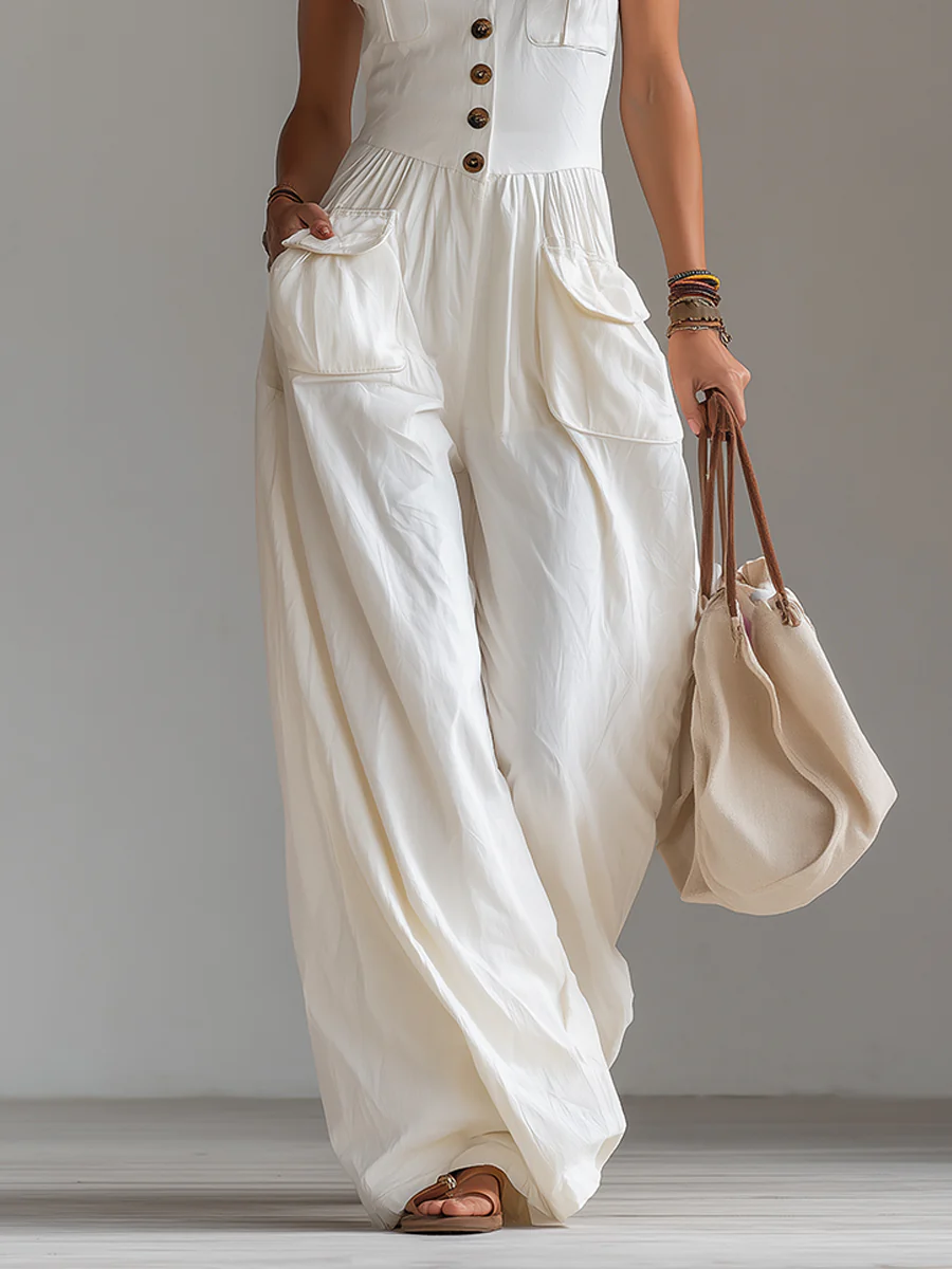 Casual Sleeveless Wide-leg Jumpsuit With Patch Pockets - Image 5