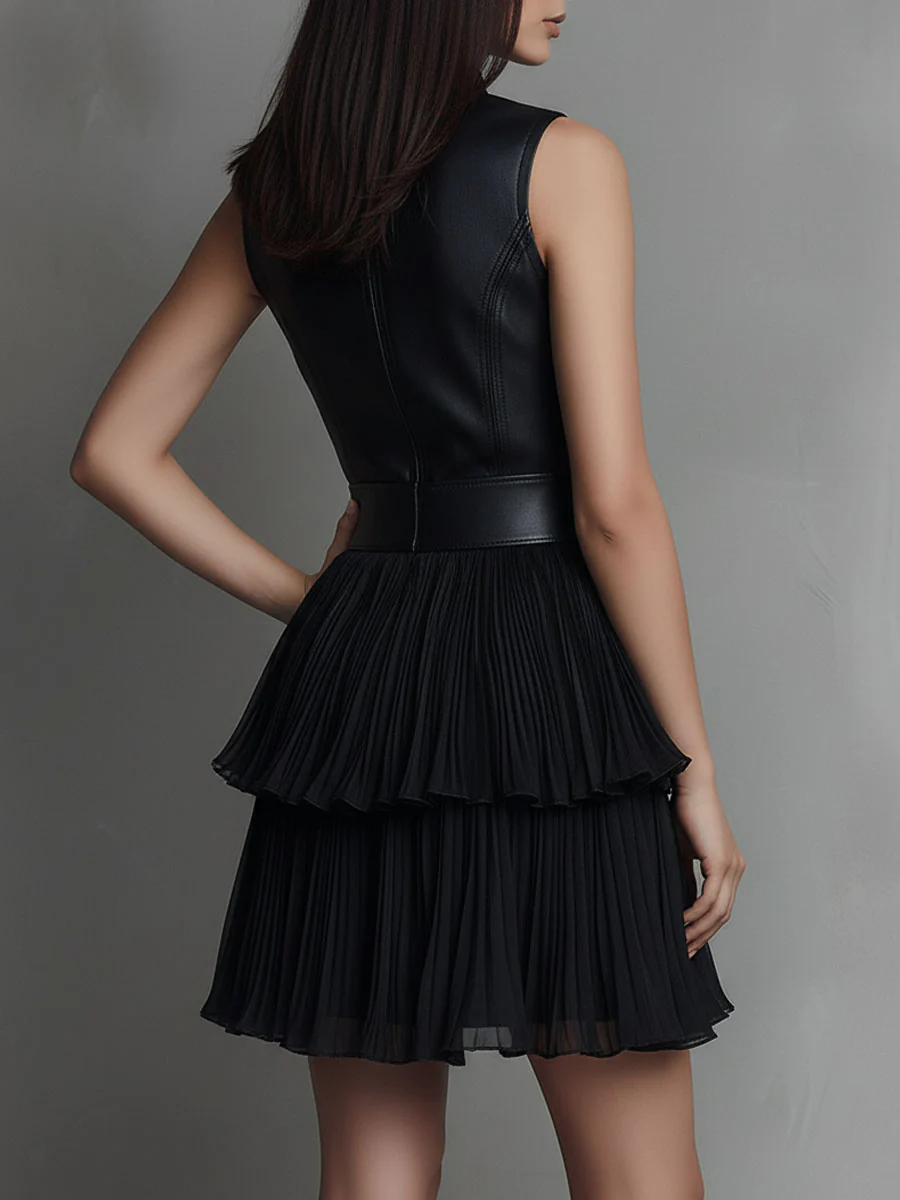 Chic Black Eco Leather & Pleated Chiffon Tiered Skirt Mini Dress - Image 5