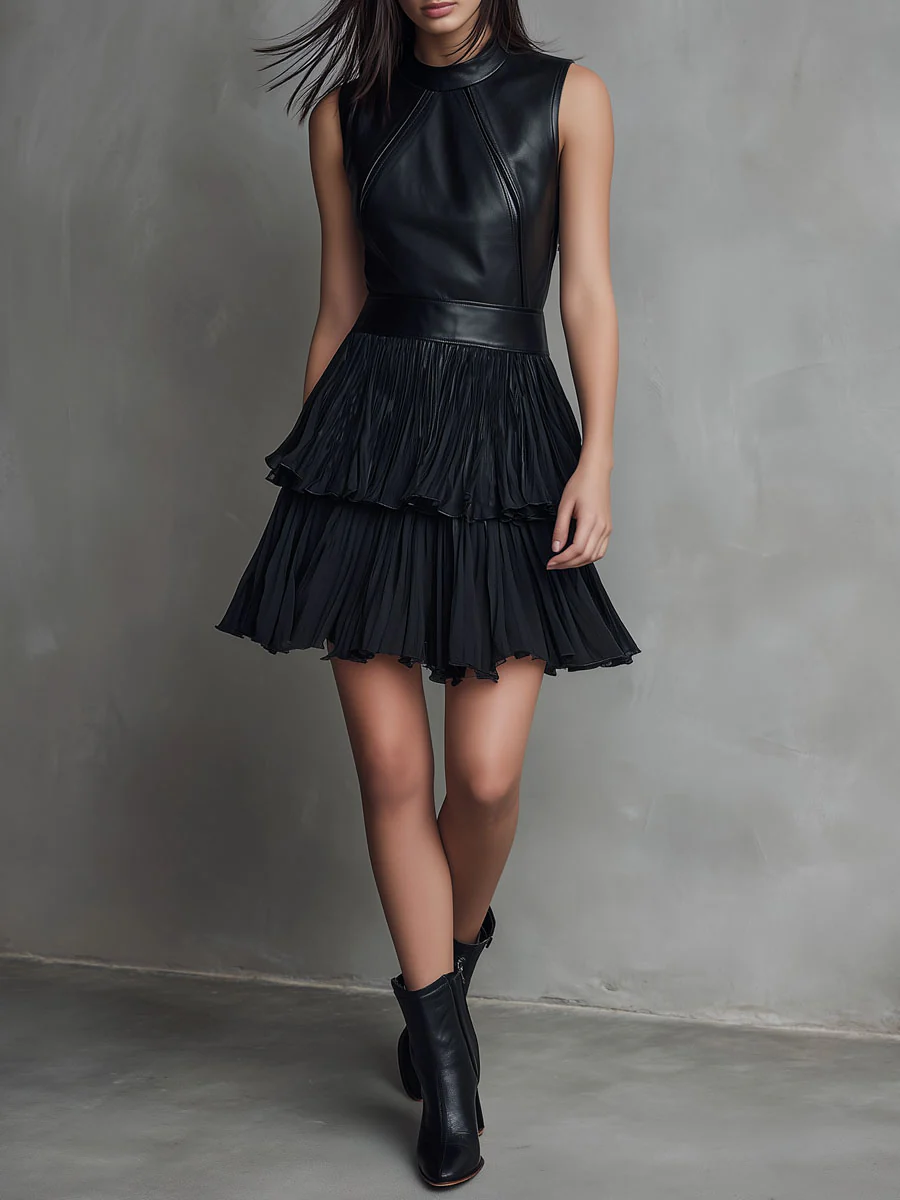 Chic Black Eco Leather & Pleated Chiffon Tiered Skirt Mini Dress - Image 6